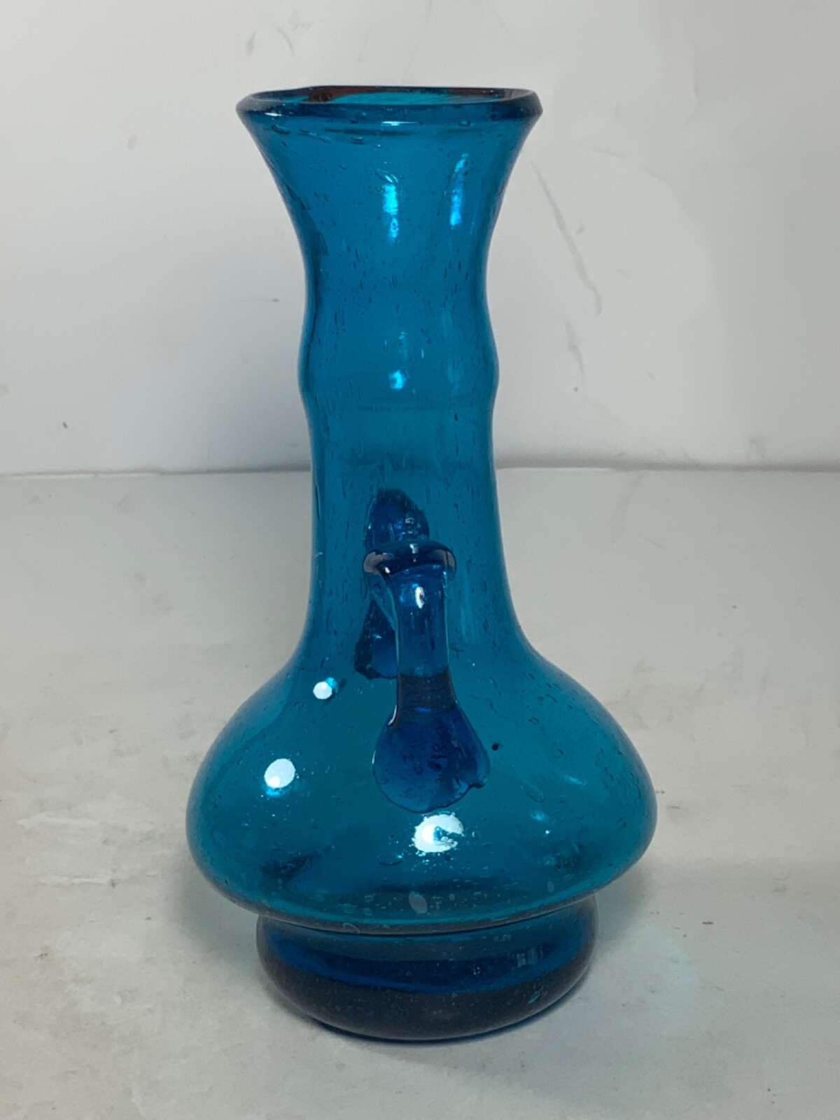 Vintage Hand Blown Blue Glass Small Vase with Applied Handles Made in Egypt 6″