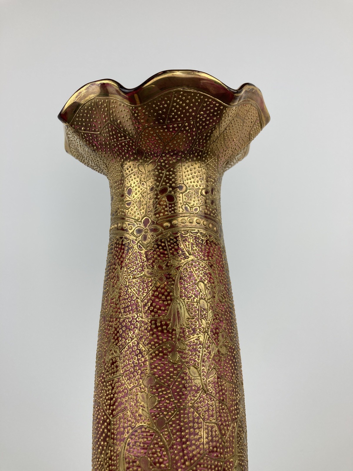 Antique Moser/Bohemian Cranberry and Heavy Stipped Gold Vase. 12 1/2″ Tall.
