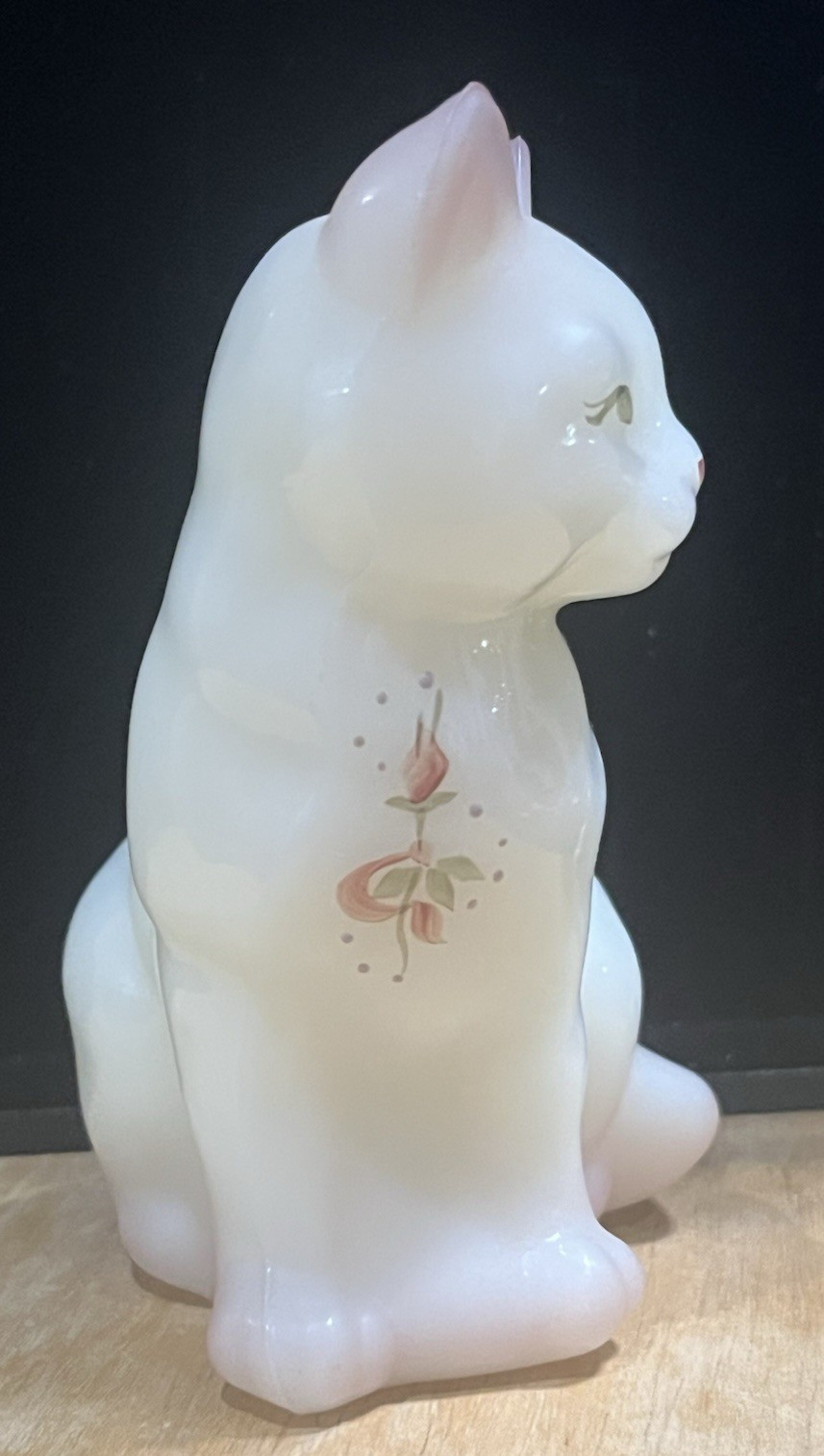 Vintage Fenton Cat Peralescent Milk Pink Rose Signed Handpainted Sticker U.S.A.