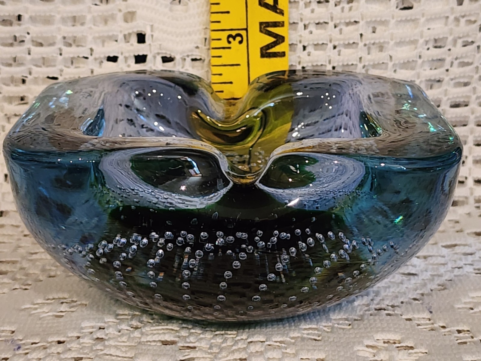 Vintage Blue & Green Blown Glass Ashtray with Controlled Bubbles Art Glass