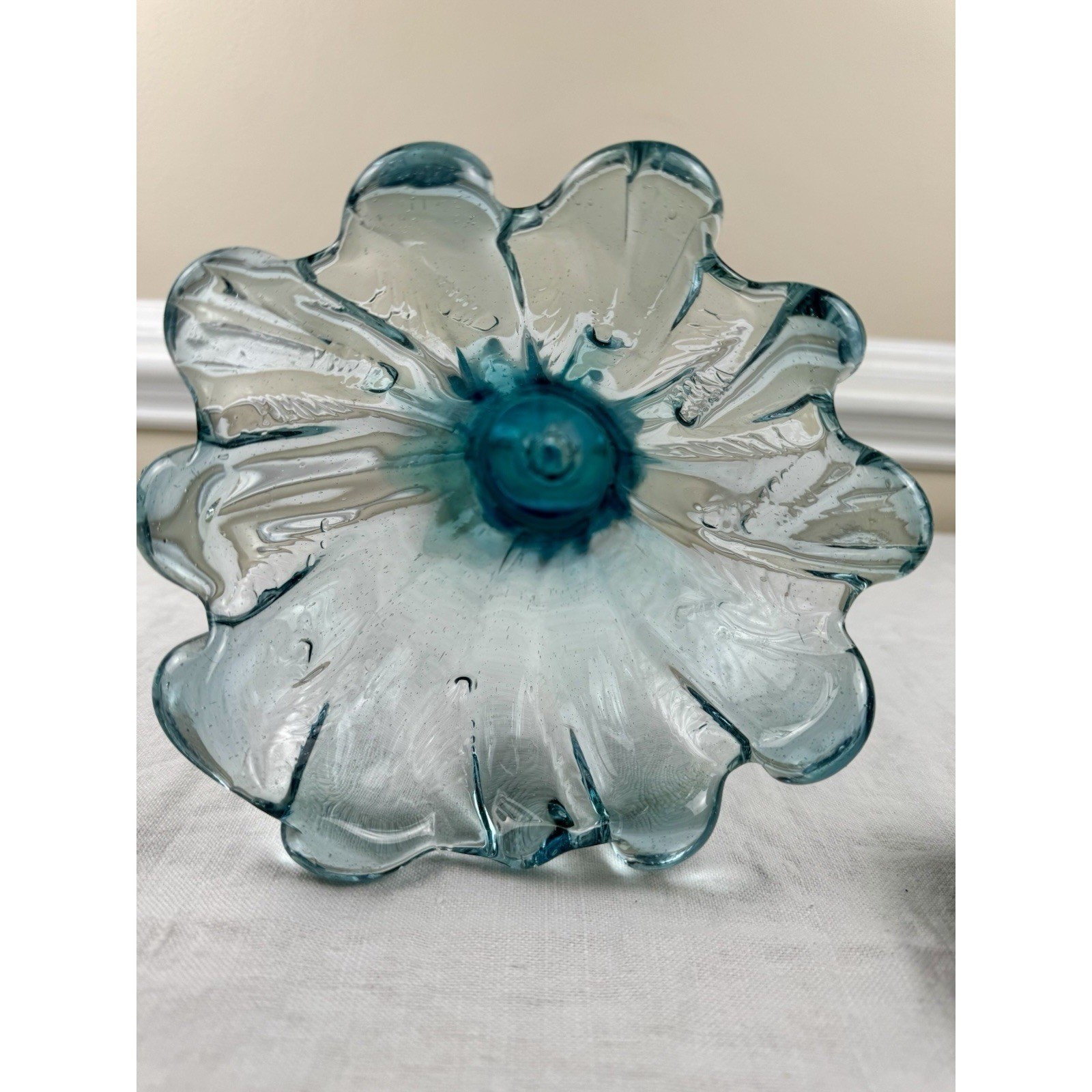 Vintage Blue MCM Hand Blown Art Glass Swung Vase Ruffled Scalloped Rim 12″
