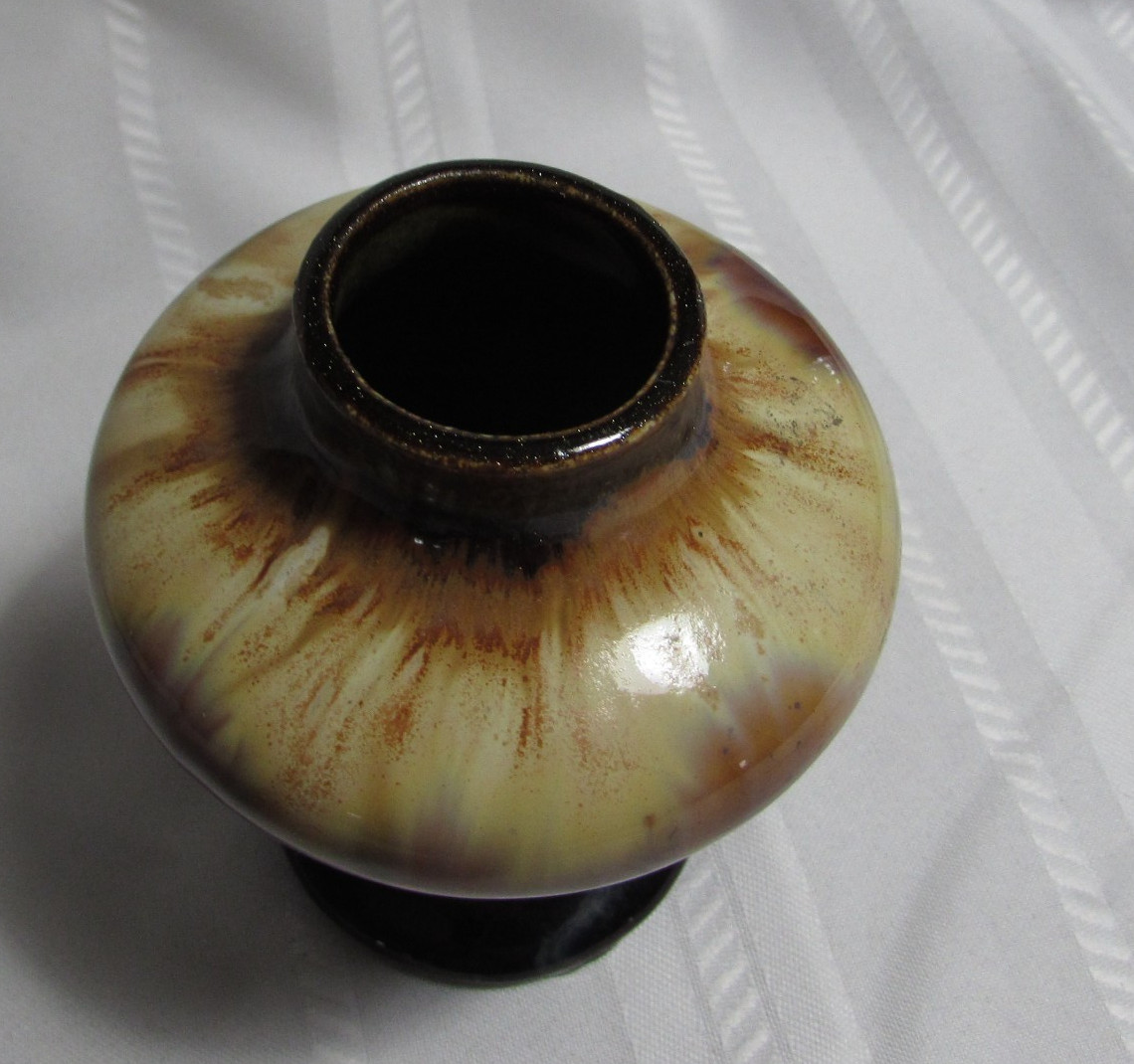 Small MCM Brown Mottled Drip Glaze Belgium Pottery Vase 4 1/4″ Tall