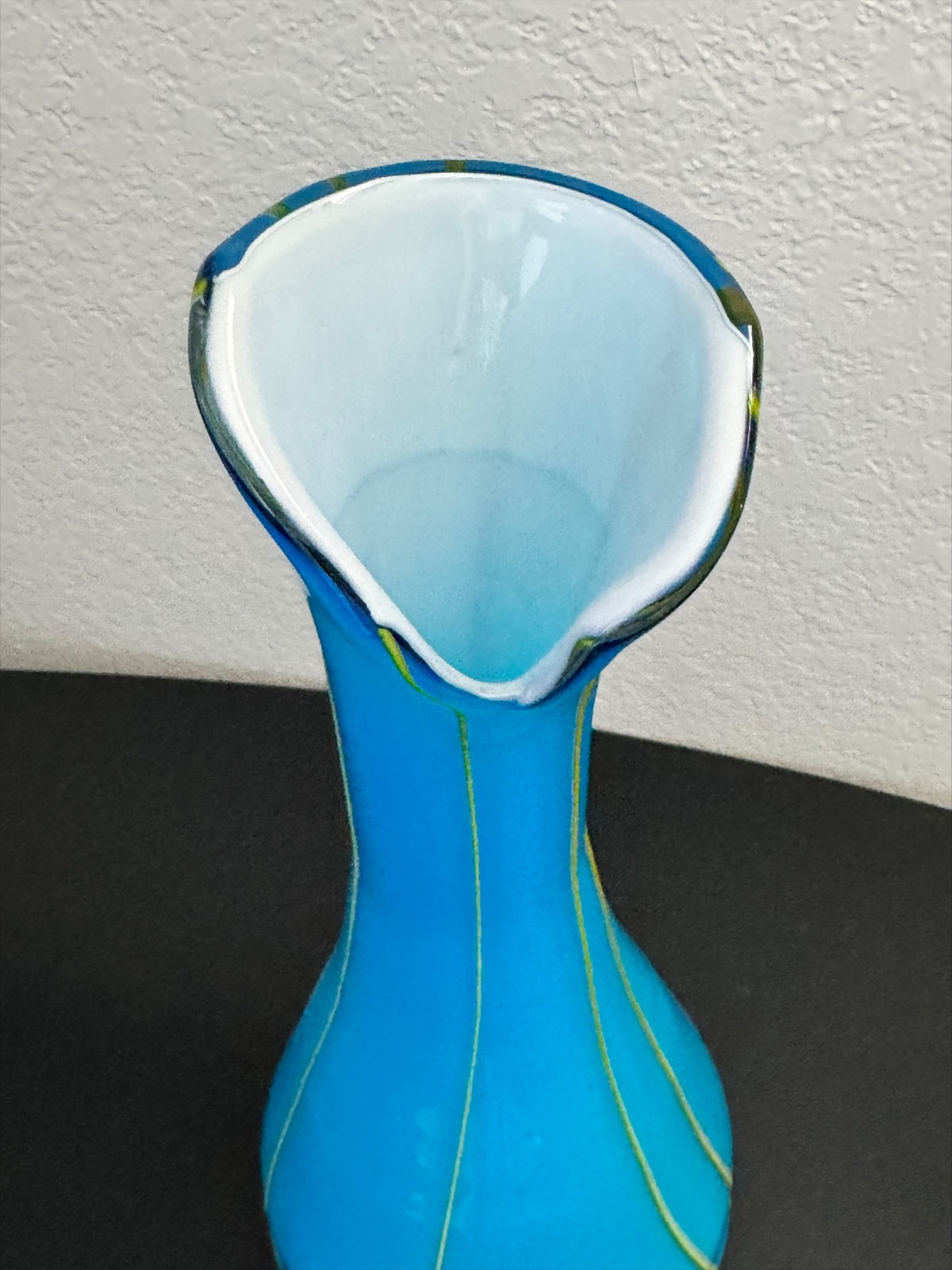 Hand Blown Studio Art Glass Vase Blue Yellow White Ribbon Swirl 15 In Tall