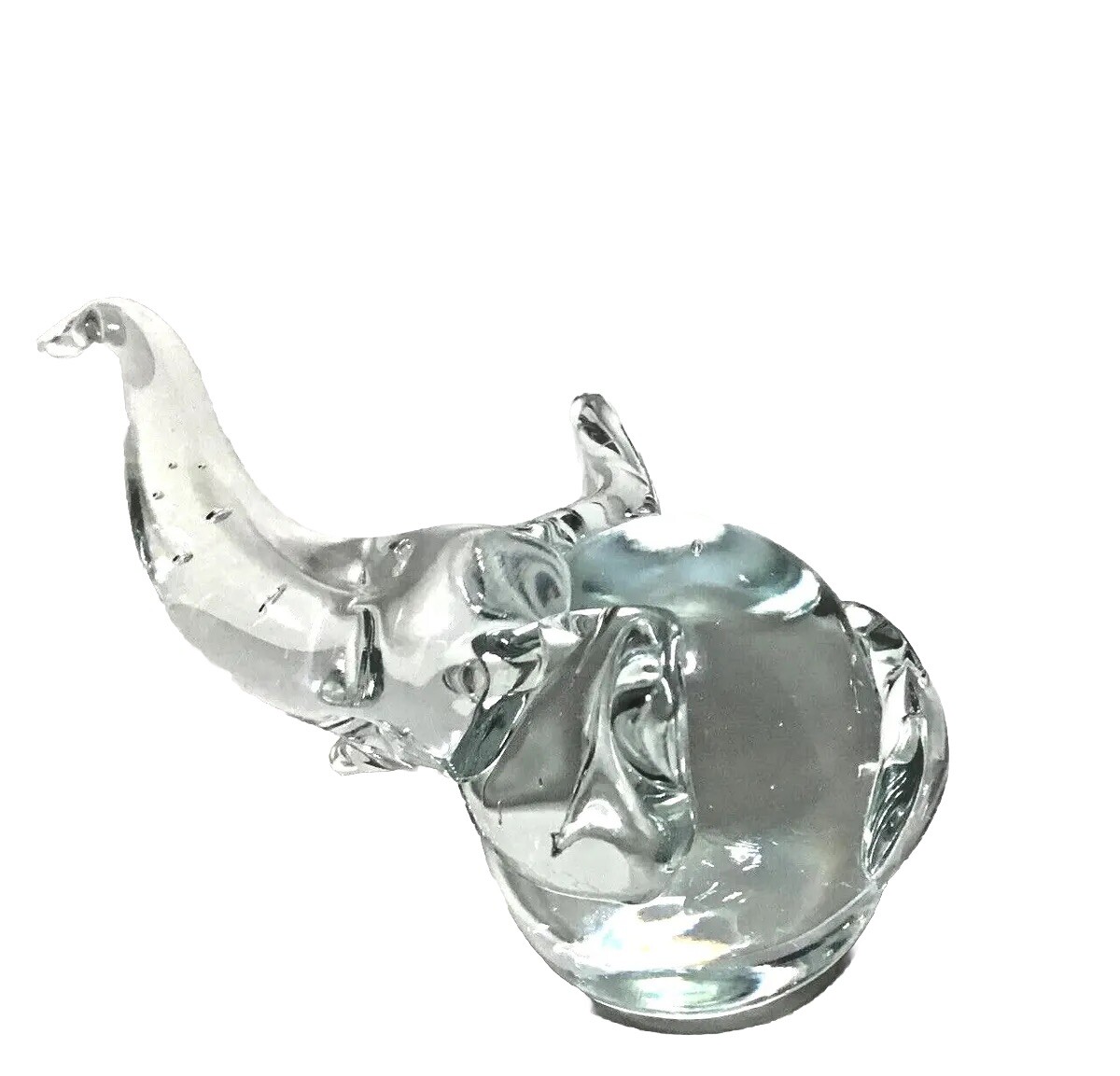 Glass Elephant Trunk Up Figurine Small Paperweight 3.25″ T At Trunk Vintage