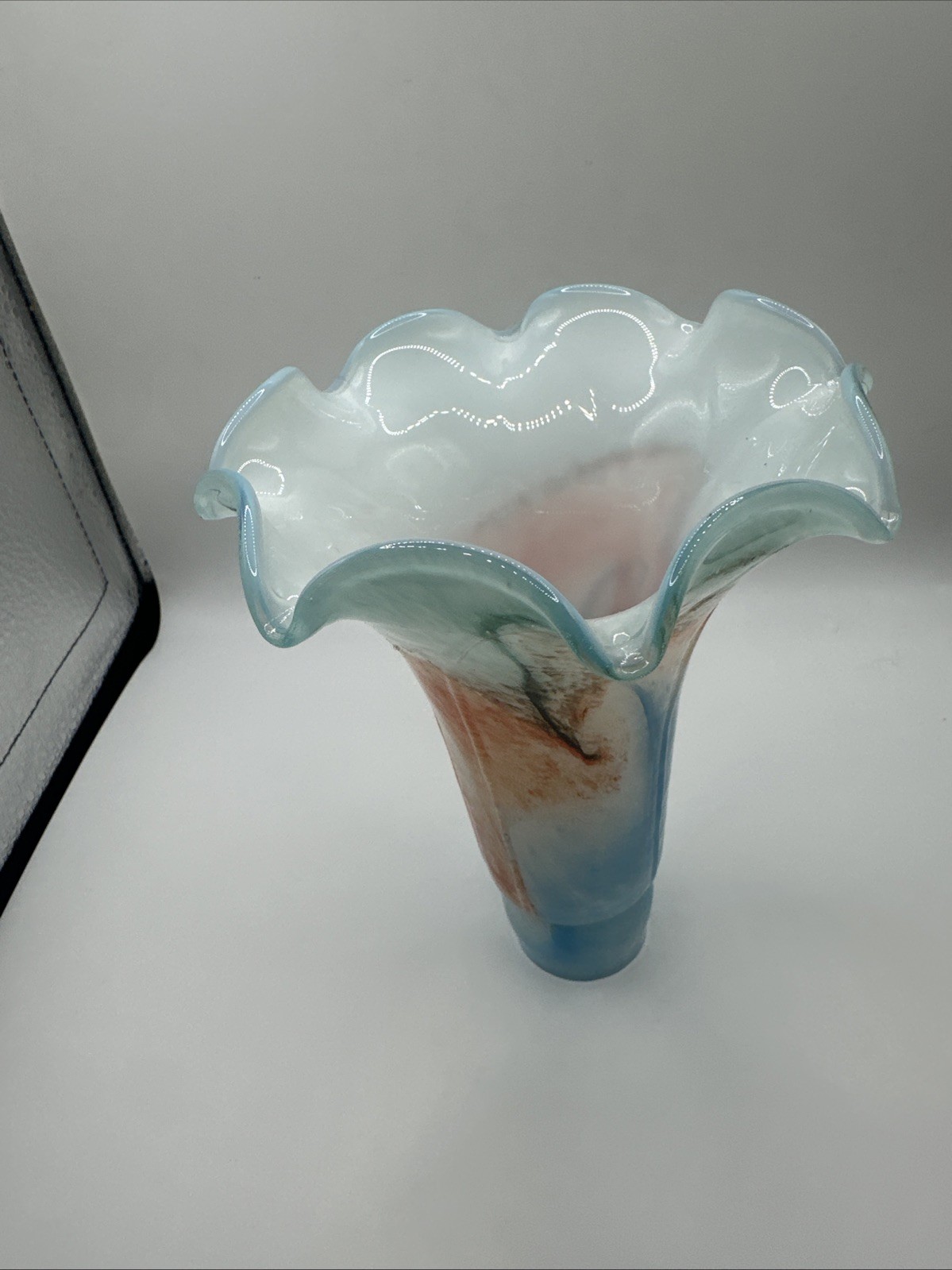 Hand Blown Murano Style Blue & Orange Ruffled Marbled Art Glass Statementpiece