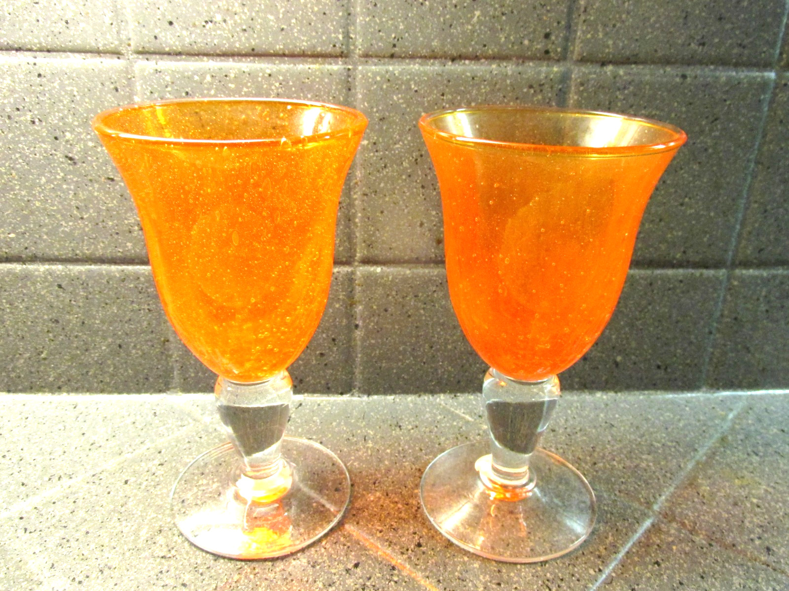 Vietri Handblown Orange Bubble Glass Goblet 7 1/4 in. x 4 in. Two