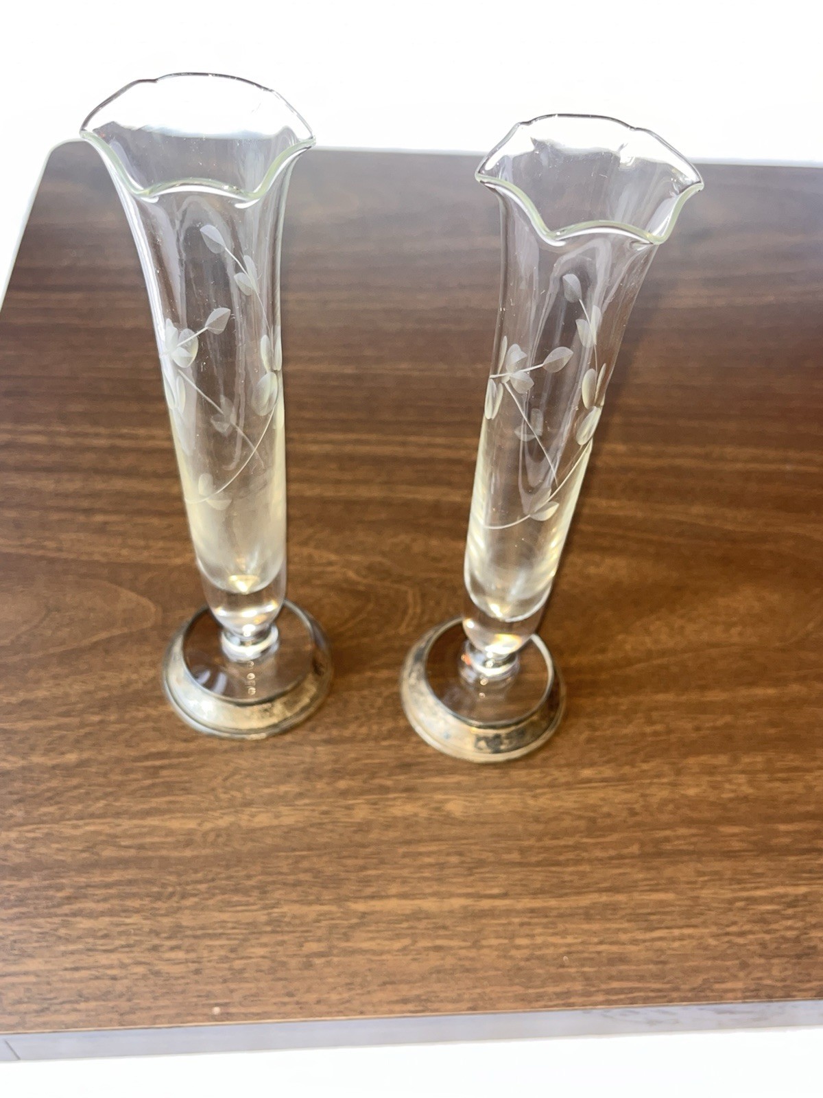 Vintage Pair Etched Clear Glass Bud Vases w/ Sterling Silver Bases STERLING