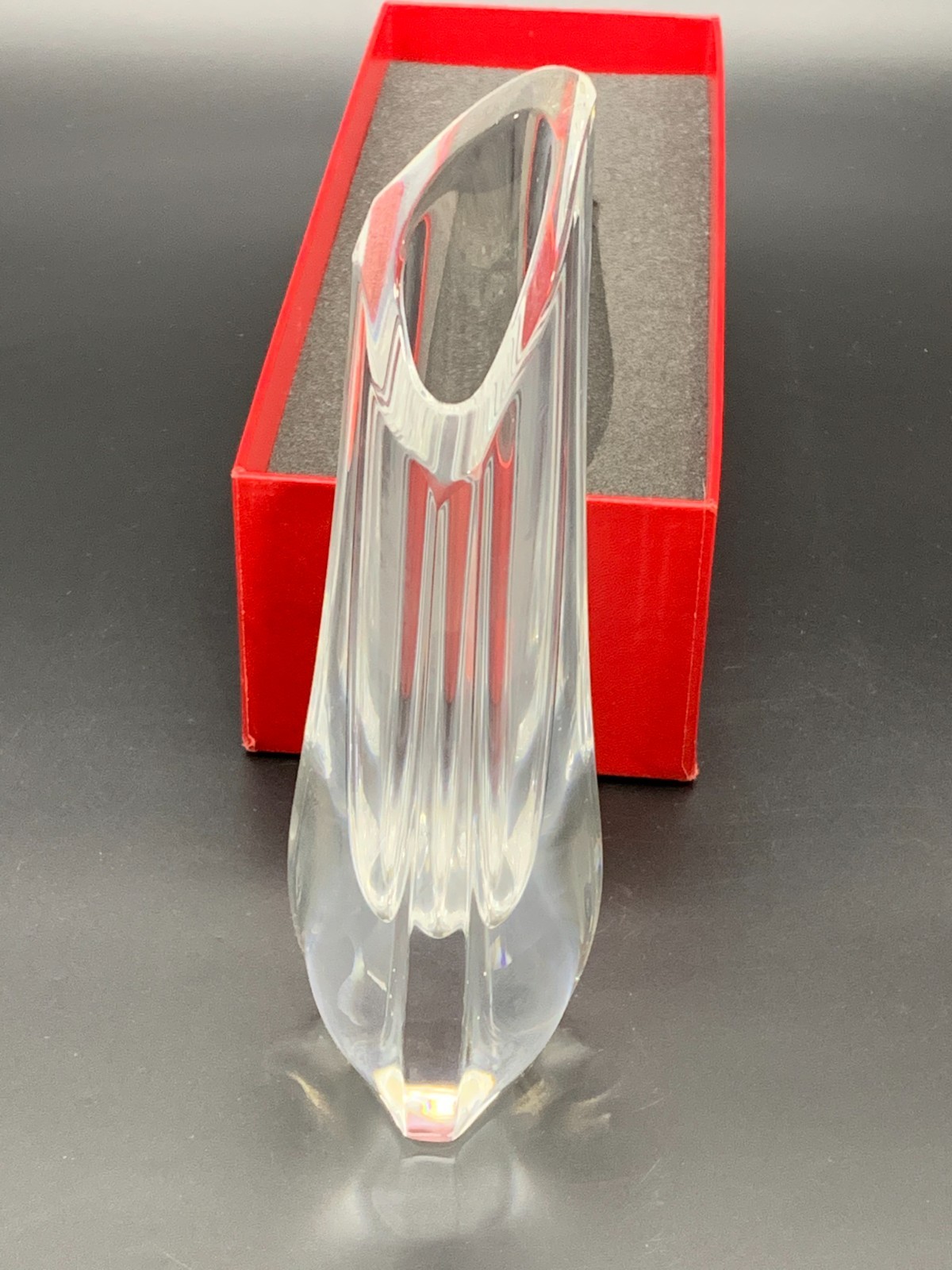 Signed Baccarat Clear Crystal Rose Triangular Bud Vase app. 8.5” w/ Box