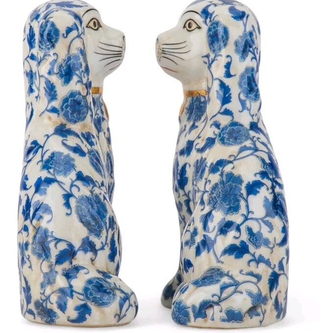 Staffordshire Reproduction Spaniel Blue Floral Dogs Pair Figurines-6”H