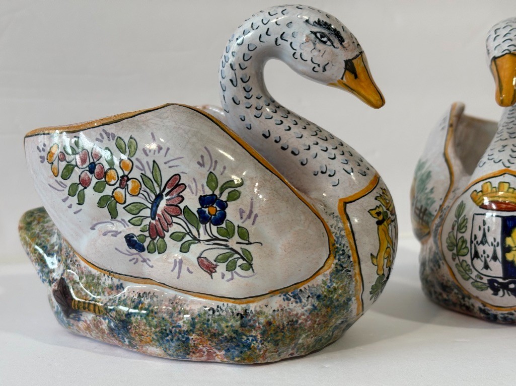 Antique Pair Malicorne Faience Swan Cachepots LD Leroy Dubois French Pottery