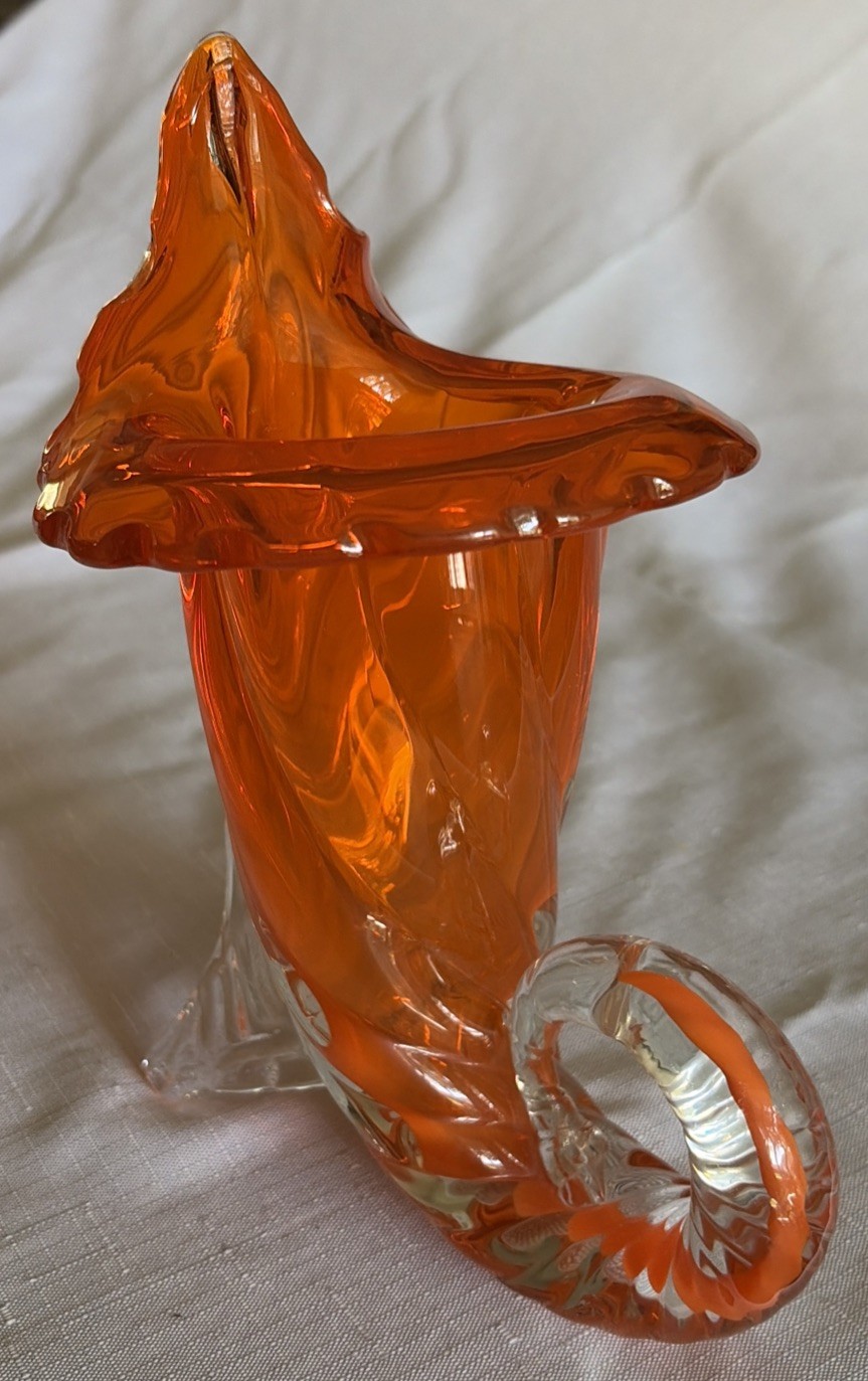 MCM Murano Blown Art Glass Cornucopia Vase Hand-Blown Day-Glow-Orange 8”