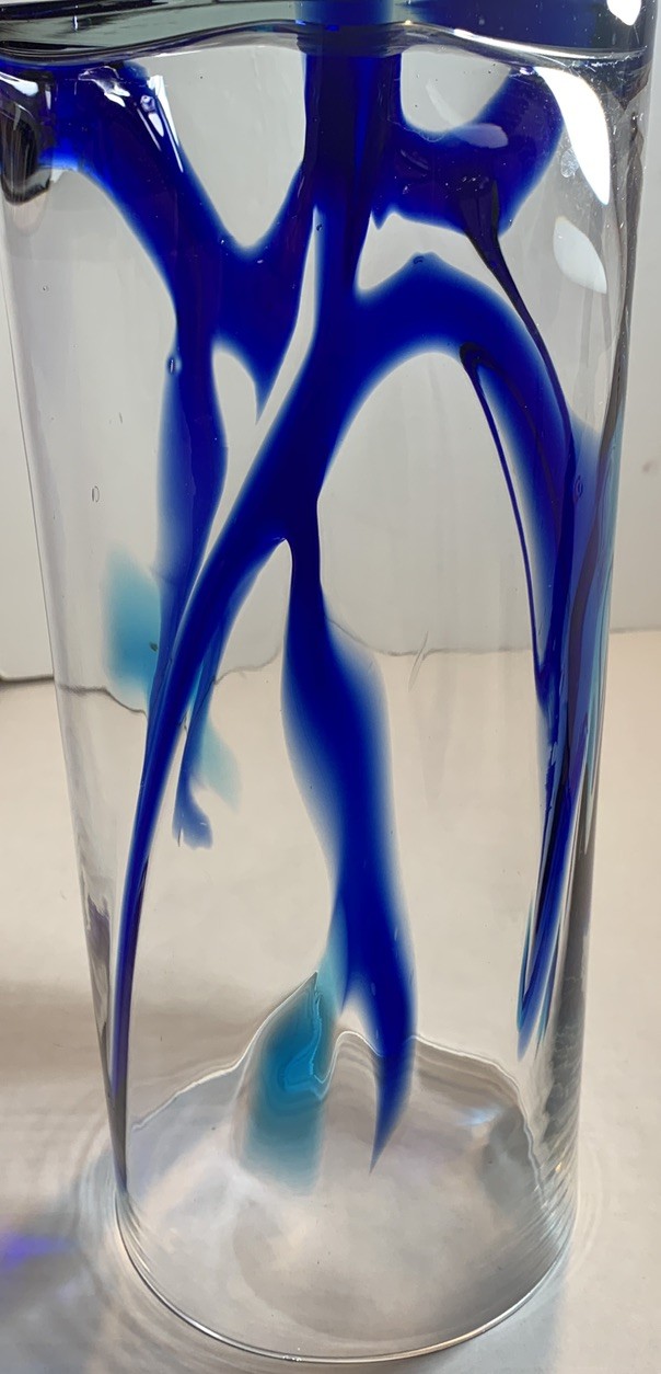 Hand Blown Mexican Glass Cylinder Vase 6″x14″, Clear w/Cobalt Blue Swirls