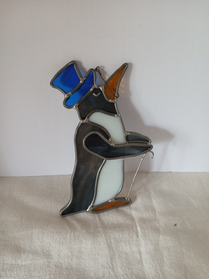 Penquin Stained Glass Sun Catcher, Metal Hanging Vtg, Hook, SALE