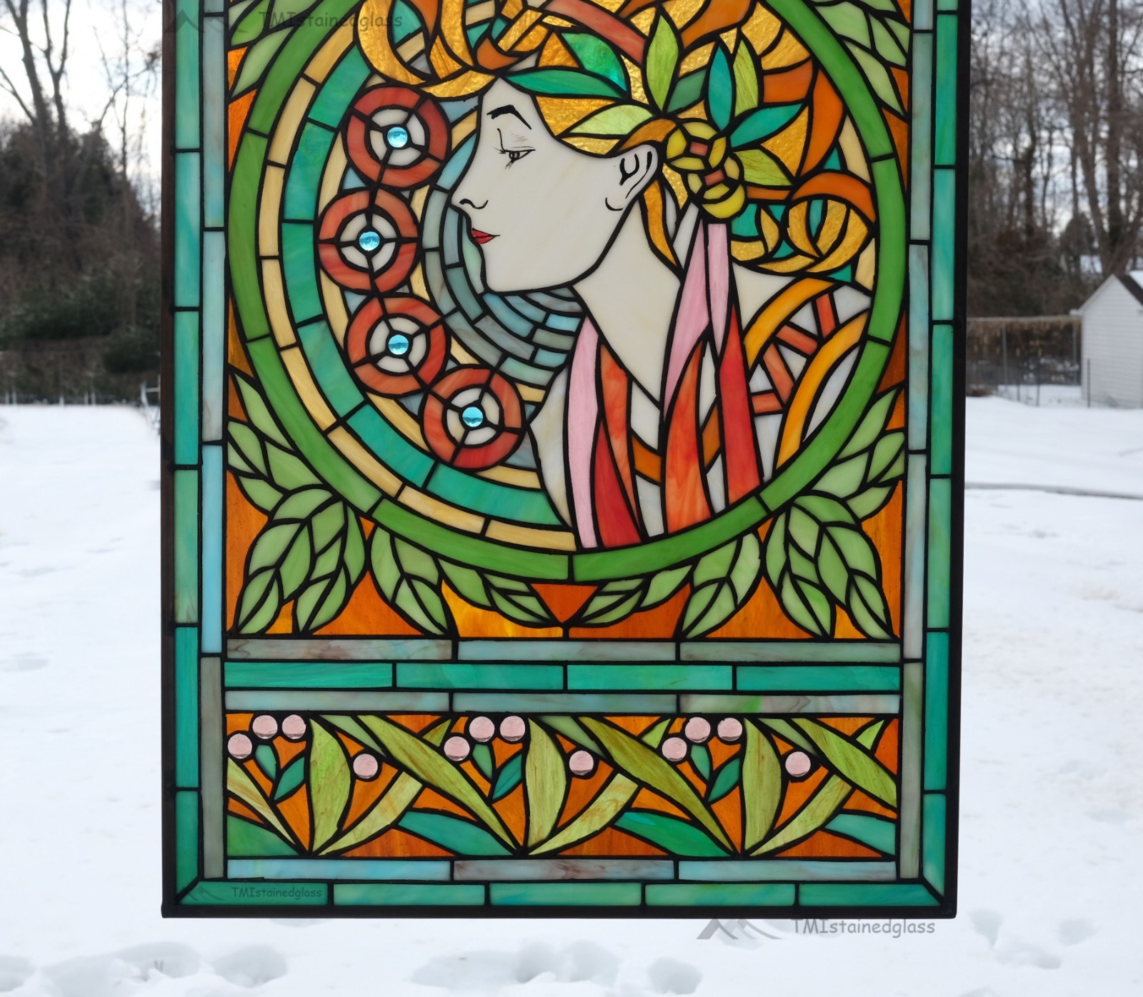 20″ x 34″ Alphonse Mucha Art. Stained Glass Window Panel Art Nouveau lady HF216