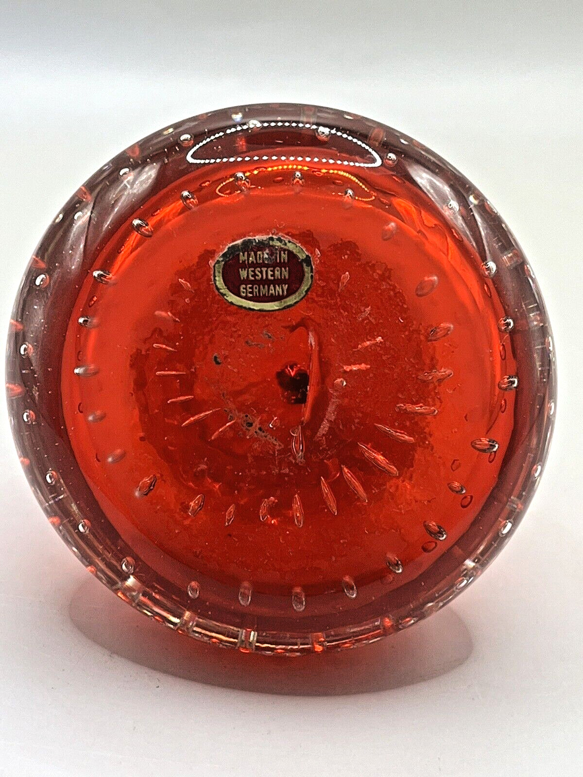 Glass Pear Fruit Controlled Bubble Bulicante Paperweight West Germany Cadmium
