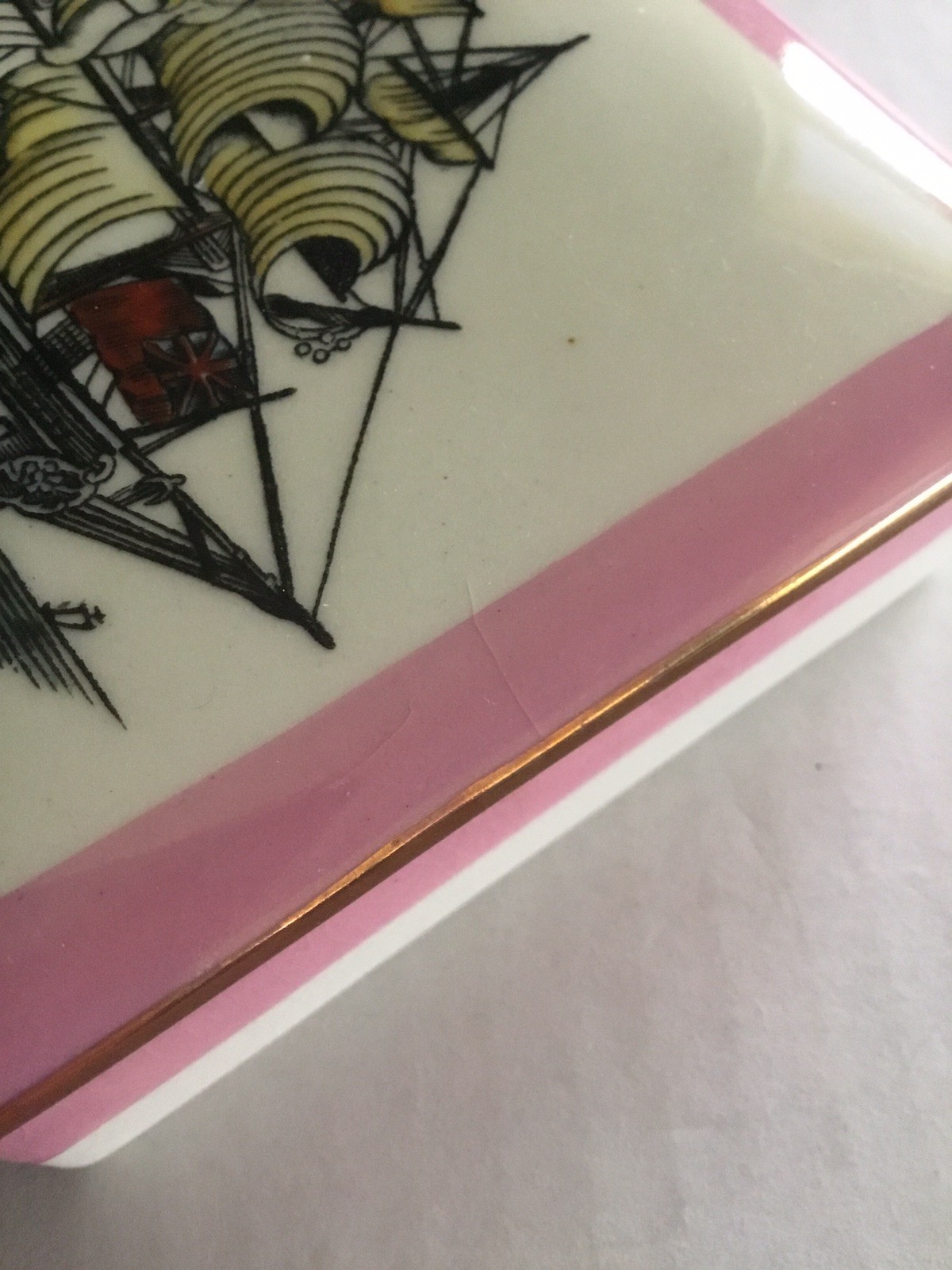 Vintage Gray’s Pottery Hand Painted Ship Trinket/Candy Box, Ceramic, 1940’s