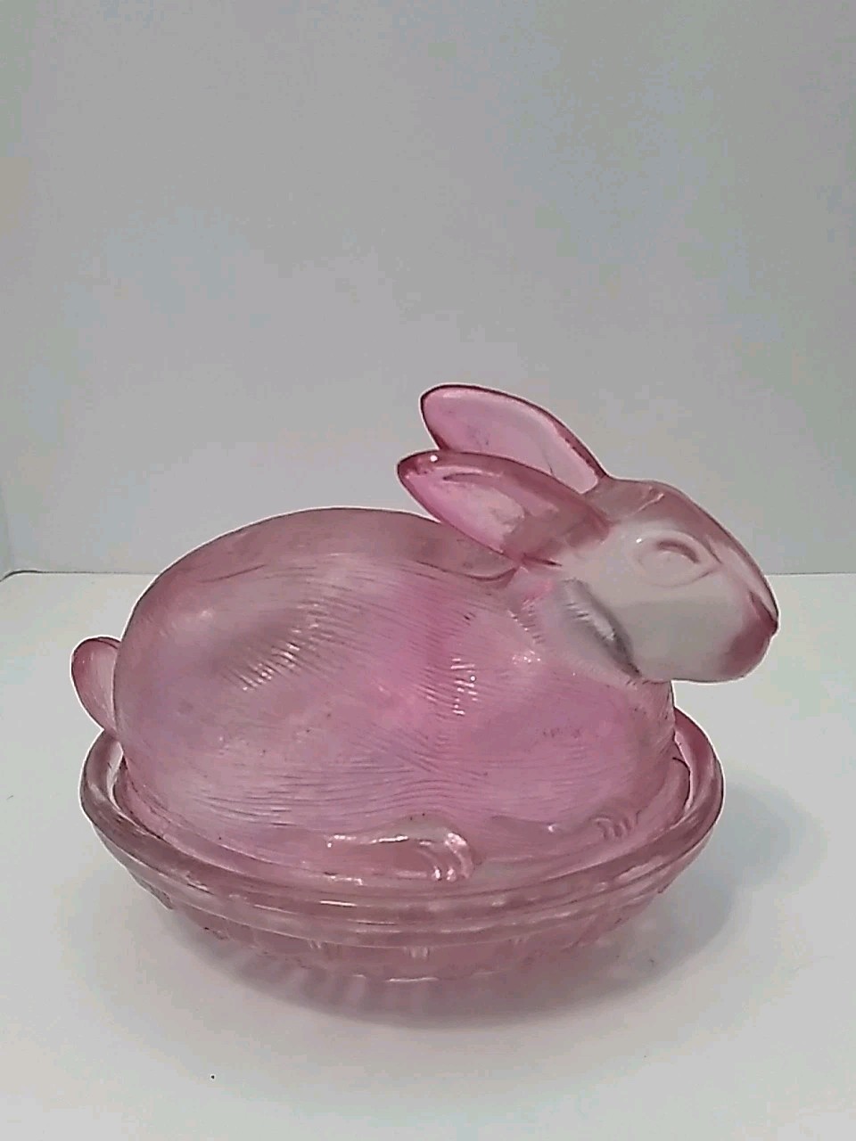 Vintage Pink Glass Mini Bunny Rabbit on a Basket Trinket Or Candle Dish