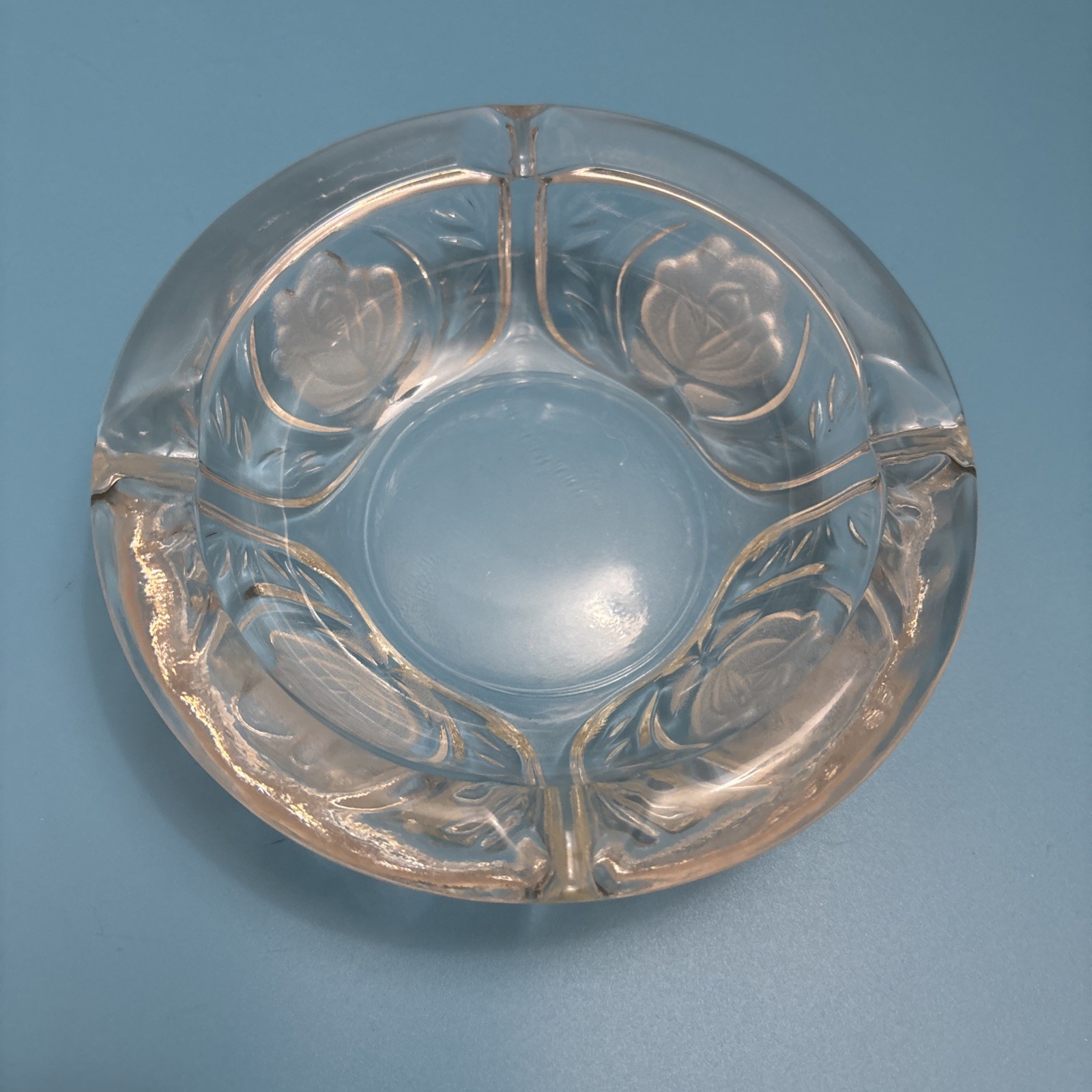 Vintage 6″ Glass Ashtray KIG Indonesia Frosted Rose Pattern 4 Rests