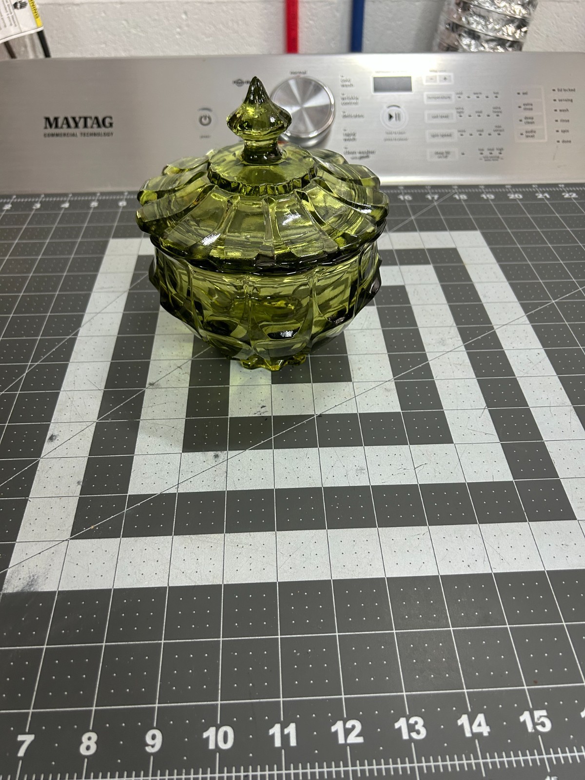 VINTAGE MCM Fenton Avocado Green Glass Covered Candy Dish 12 Facet Footed
