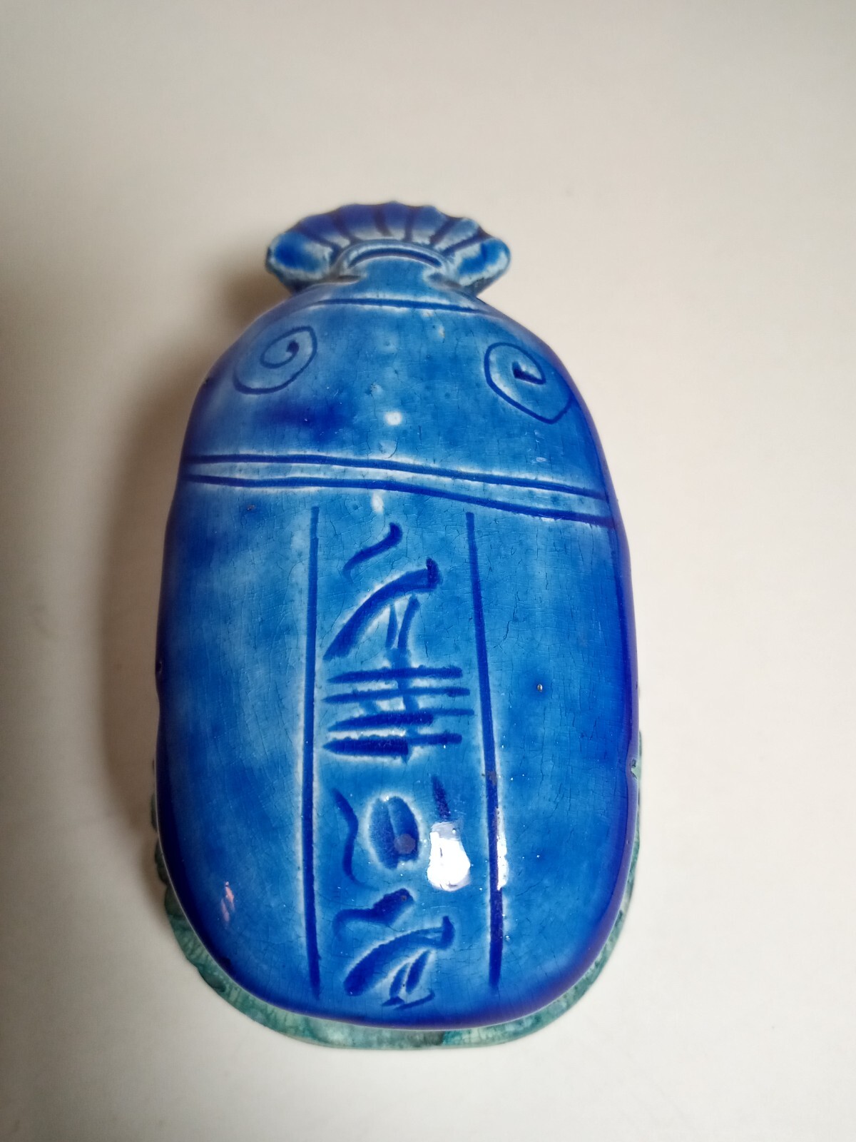 Pottery Blue Egyptian SCARAB Beetle FROM EGYPT Hieroglyphs 4 inches long #D21