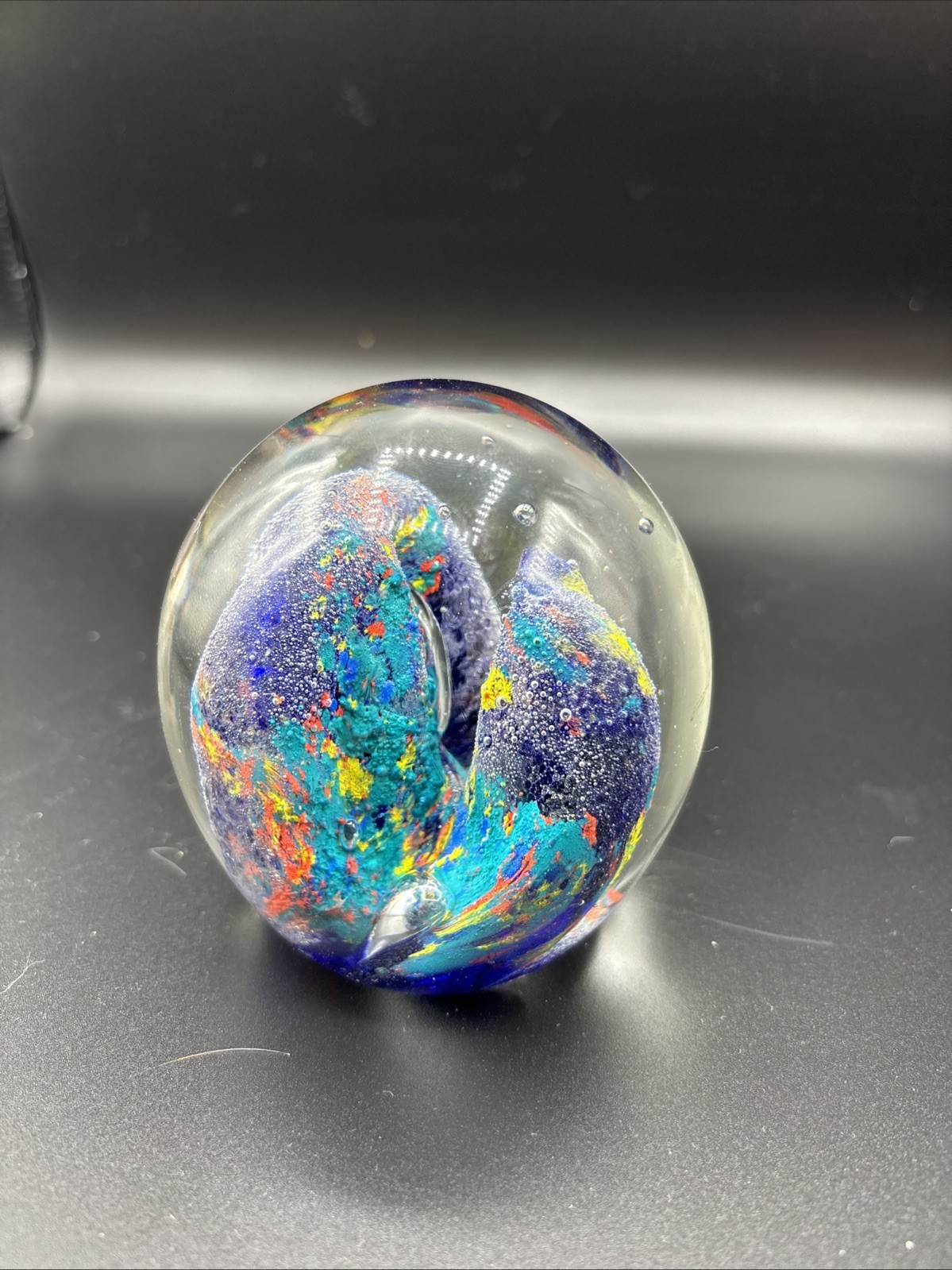 Colorful Coral Swirl Art Glass Paperweight Blue Teal Yellow Underwater Abstract