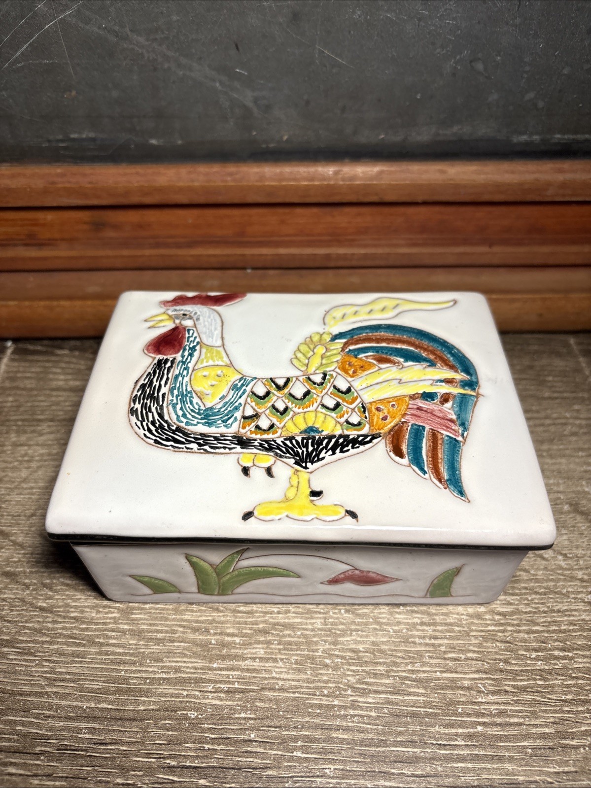 Vintage Hand-Painted Rooster Trinket Box Lidded Italy ? Chicken Ceramic Art B7