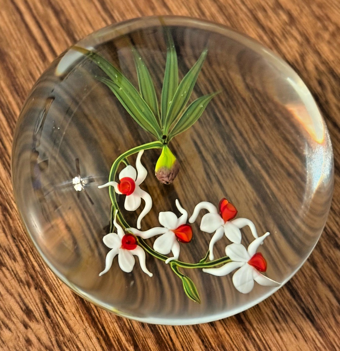 Vintage Paul Stankard Lampwork “S” Cane Simple Floral Paperweight 2-7/8” x 2”
