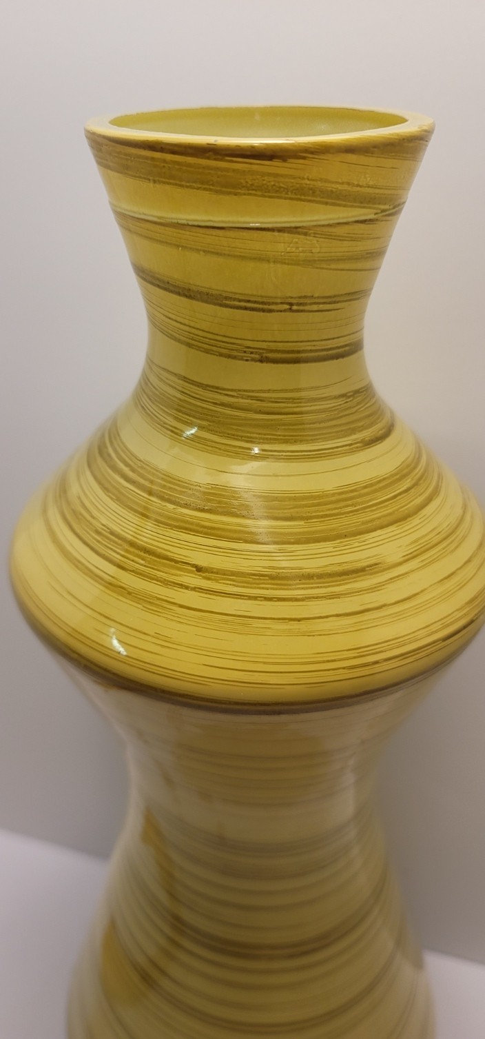 Vintage Pier 1 Imports Avocado Green Striped Glass Vase MCM 16″