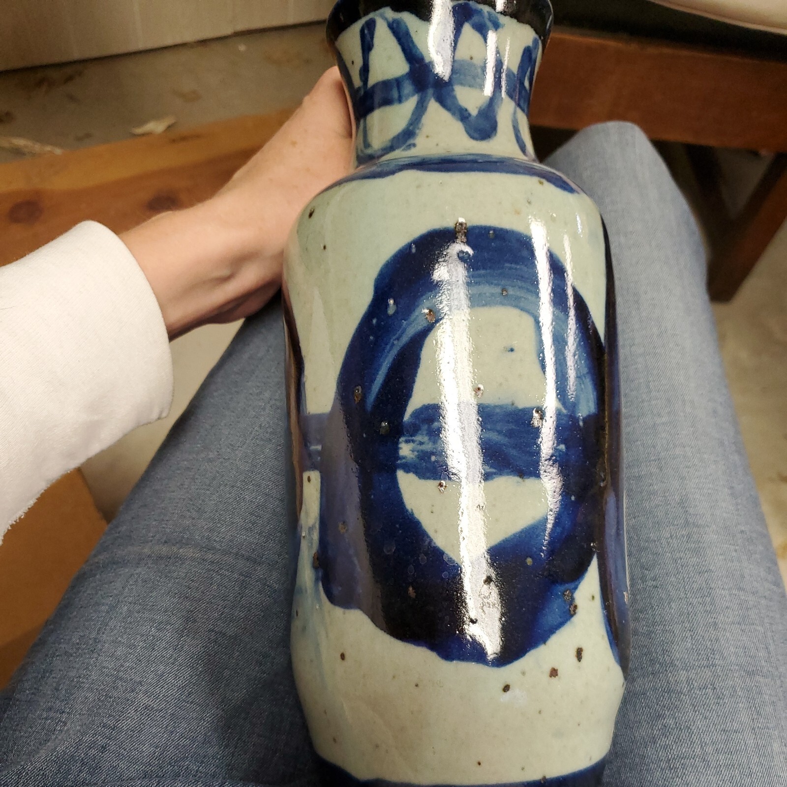 ANTIQUE ARTS&CRAFTS Blue ART POTTERY VASE 11.5″Antique Abstract Home Table Decor