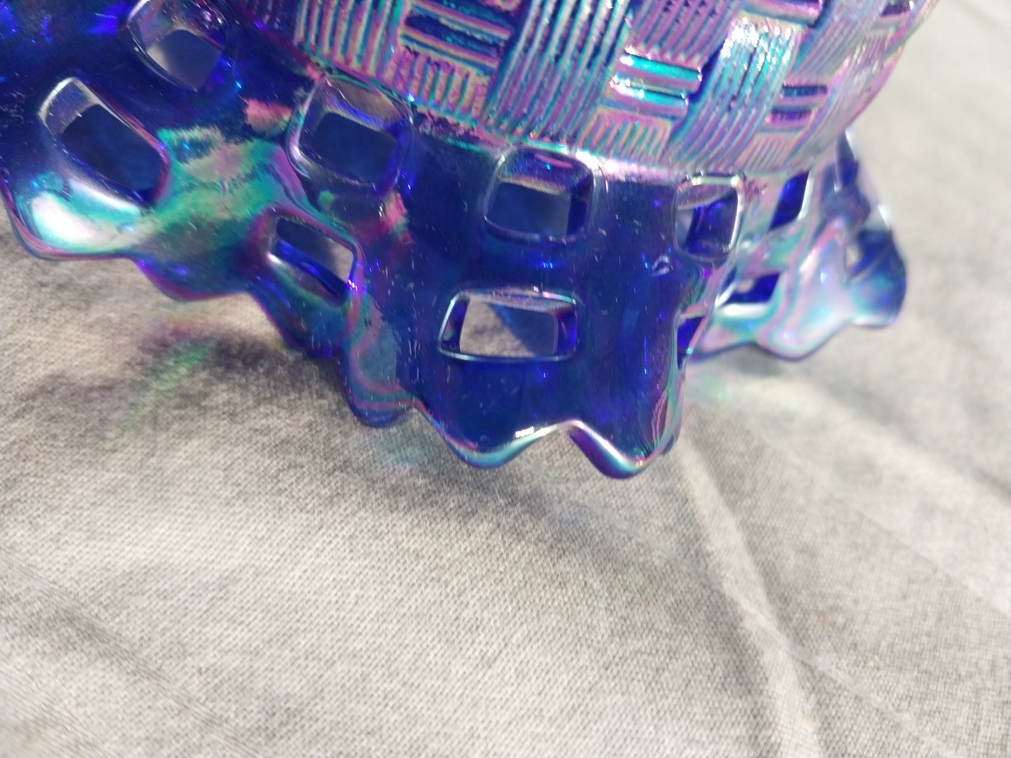 Fenton Carnival Glass Basket Weave Bowl Cobalt Blue