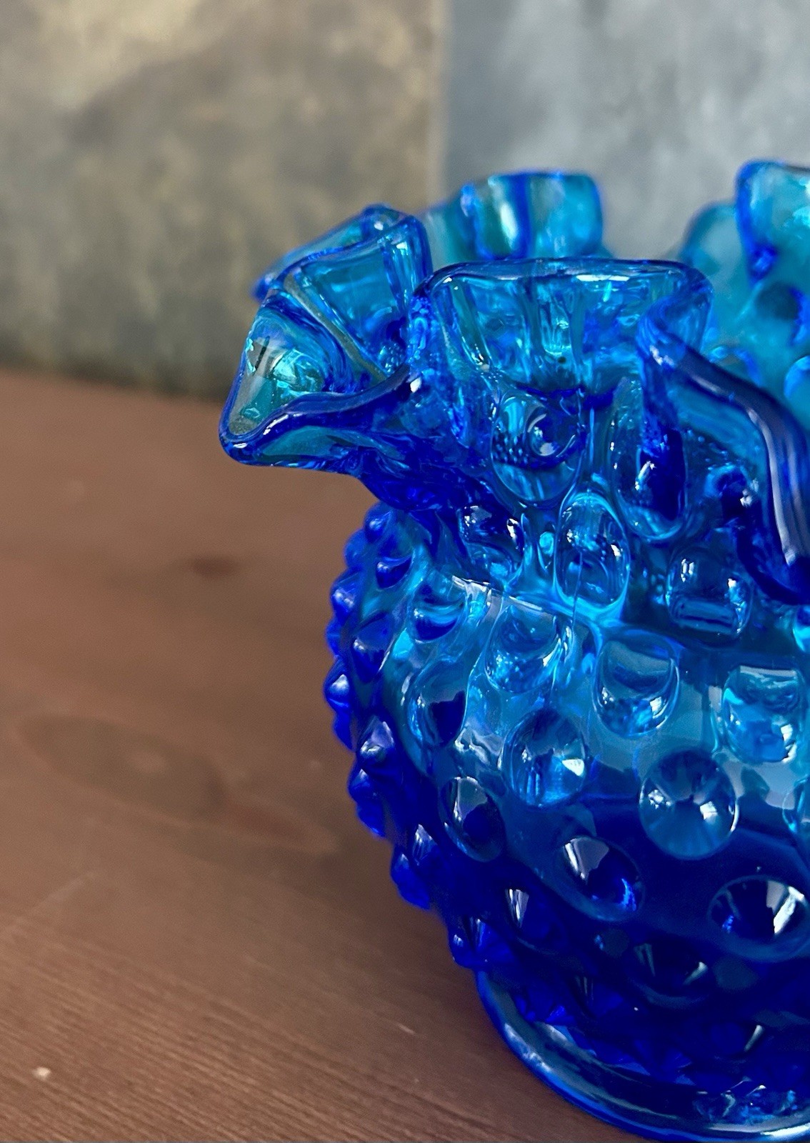 Fenton Colonial Blue Hobnail Glass Vase Double Crimped Rim Vintage 4″