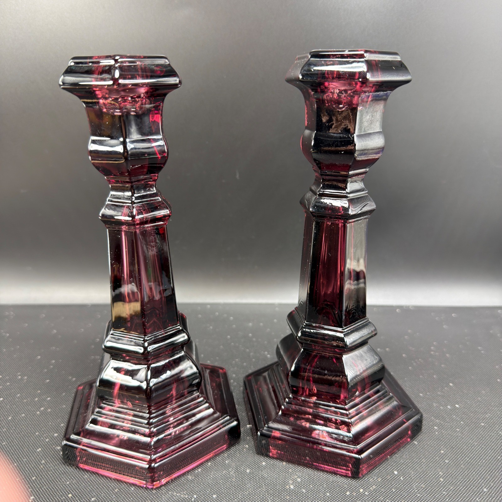MMA Amethyst Glass Candlesticks Pair Purple Hexagonal Metropolitan Museum of Art