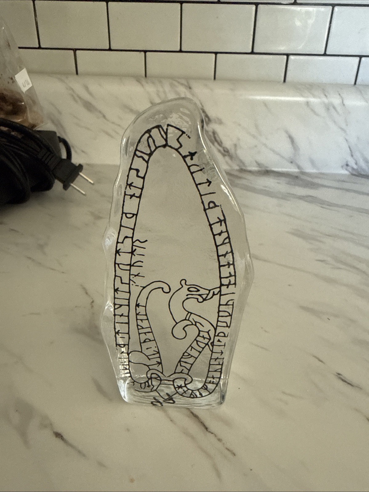 Lindshammar Sweden Handmade Glass Paperweight Runes Dragon Snake Swedish Clear