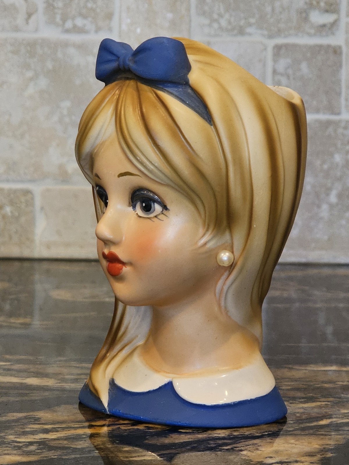 Pristine Vintage 1950s Japan Lady Head Vase Blue Bow Blonde Hair CB493 5.5 in