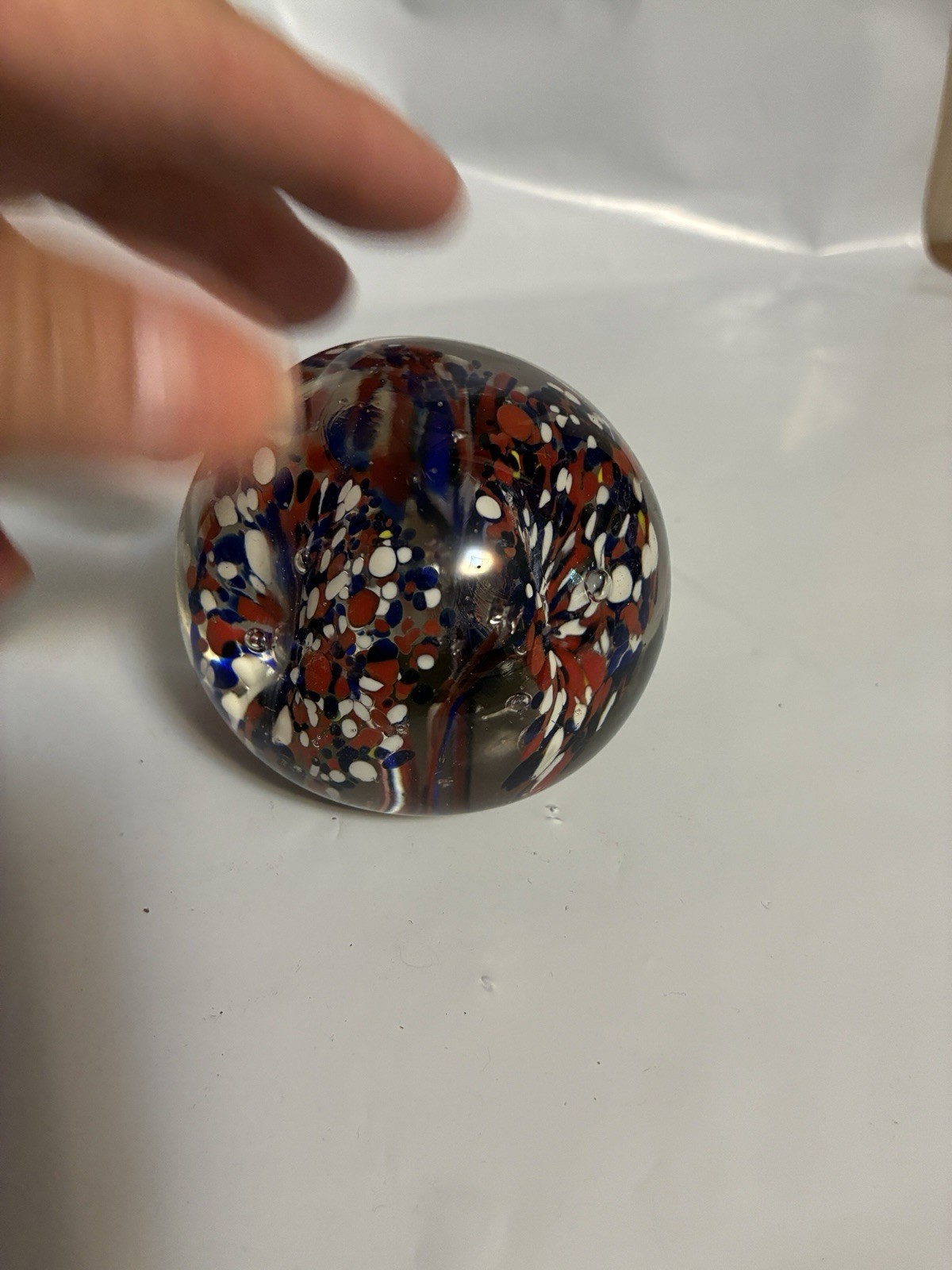 Blown Glass Art Paperweight Flower Red White Blue 3 Fluted Flowers