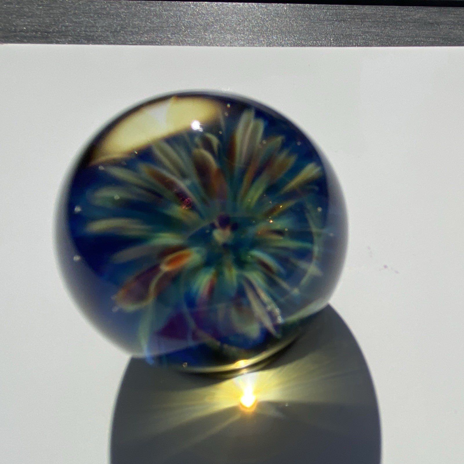 Art Glass Flower Paperweight Blue Yellow Decorative Glossy Lampwork Sphere