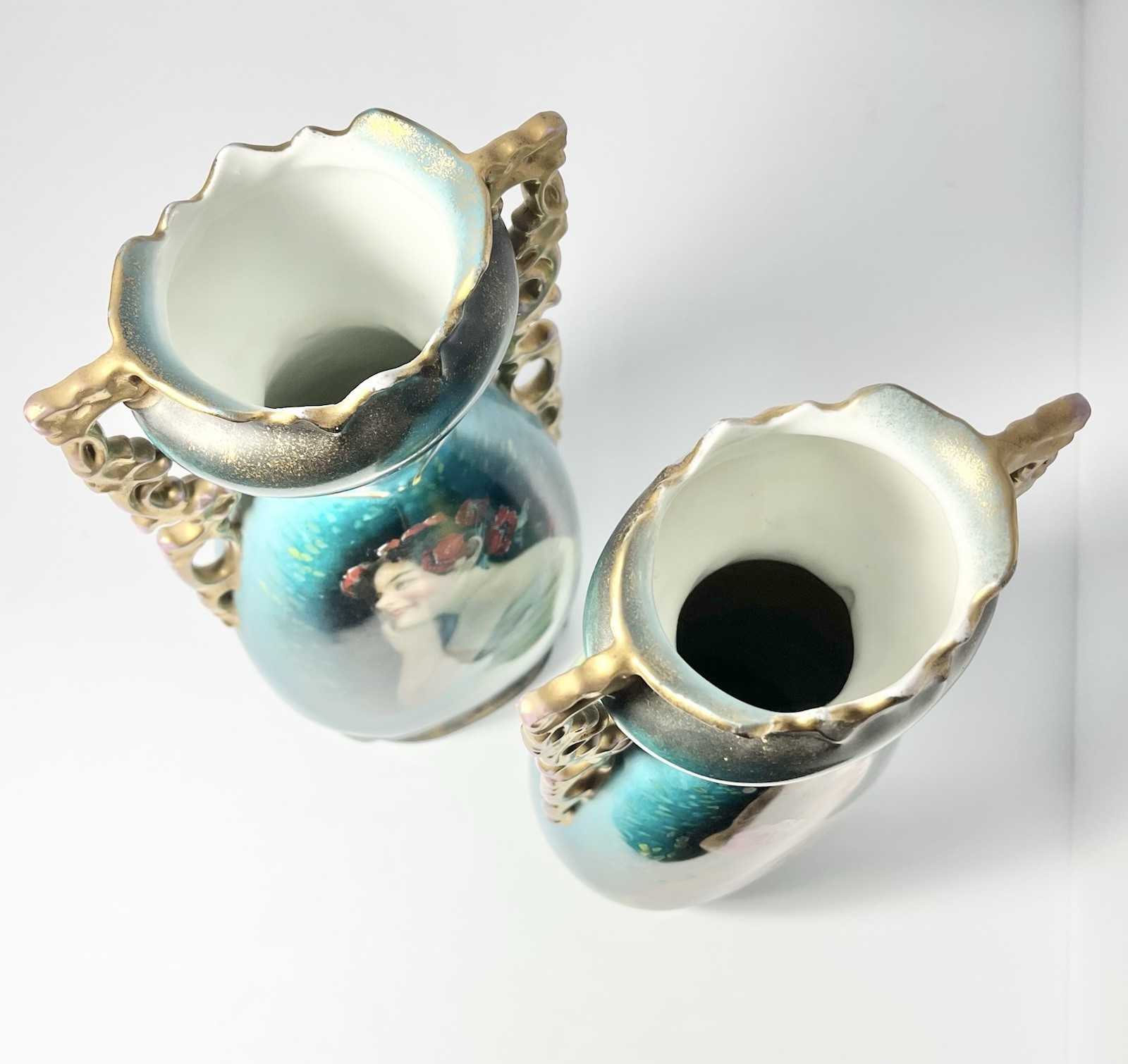1890s Victoria Carlsbad Austria Art Nouveau 2 Art Nouveau Portrait Vases 11 5/8”