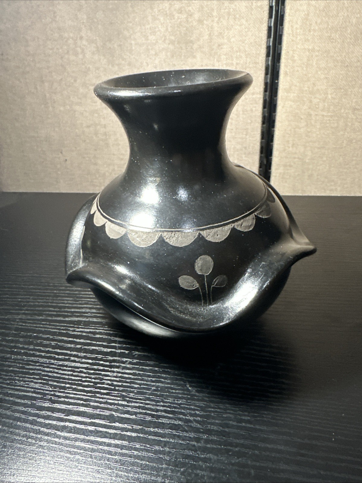 Mateos Black Pottery Vase Signed With Floral Design 7” Diameter 7” Tall