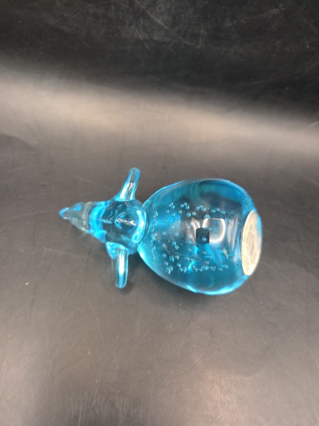 Vintage Clear Blue Glass Elephant Trunk Up Figure Controlled Bubbles Paperweight
