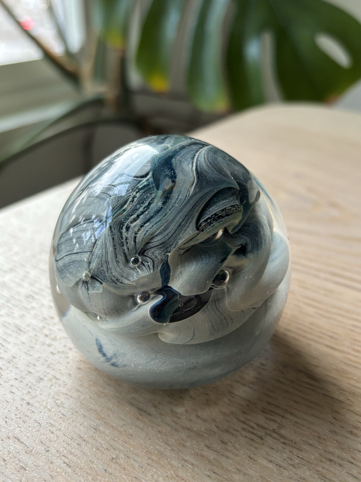 Vintage Rare Design Glass Blue Sphere Art Paperweight ~2.75 Inches