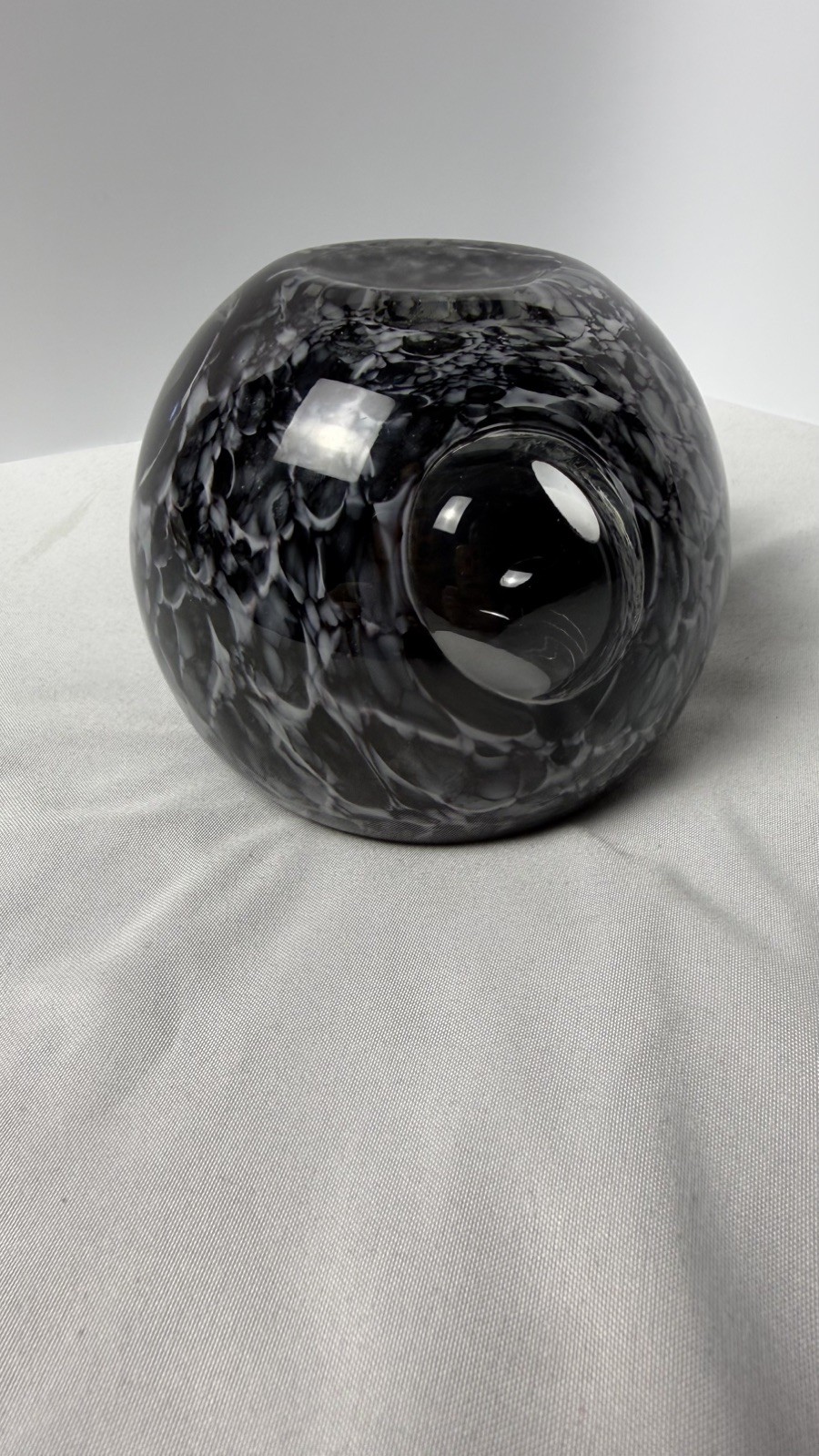 Blown Glass Black and White Globe Vase/Candle Holder with Clear Orbs 4″ Tall