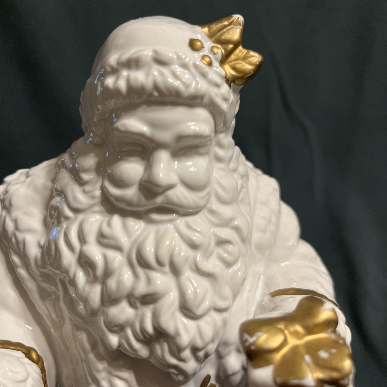 VINTAGE White & Gold Ceramic Santa W/Present Christmas Figure 9.5″H