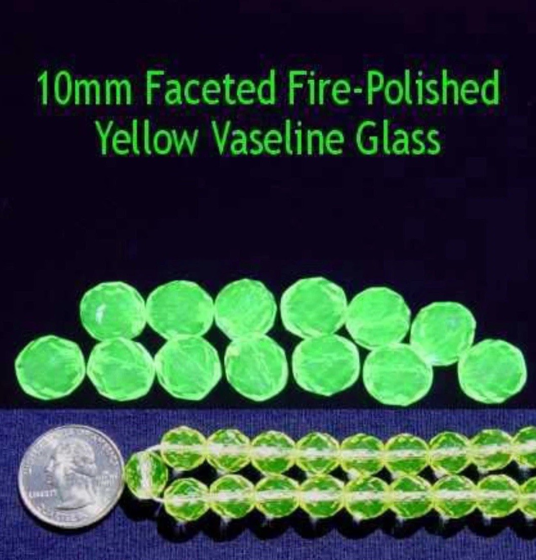 10 Pcs 10mm Round Faceted Fire-Polished YELLOW VASELINE/URANIUM GLASS BEADS