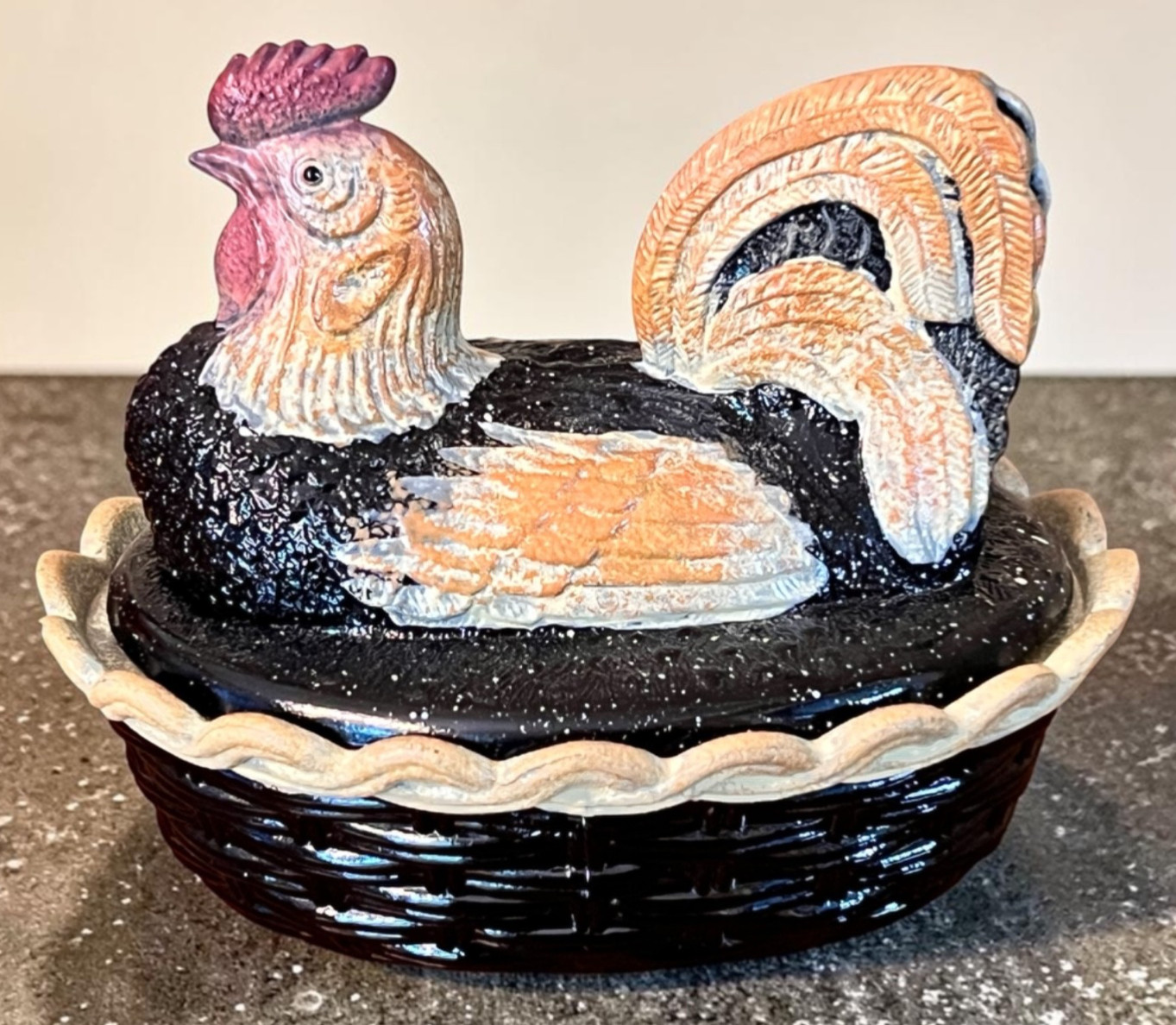 RARE! Fenton 2001 Folk Art Collection Hand Painted Rooster Hen On Nest NEW!