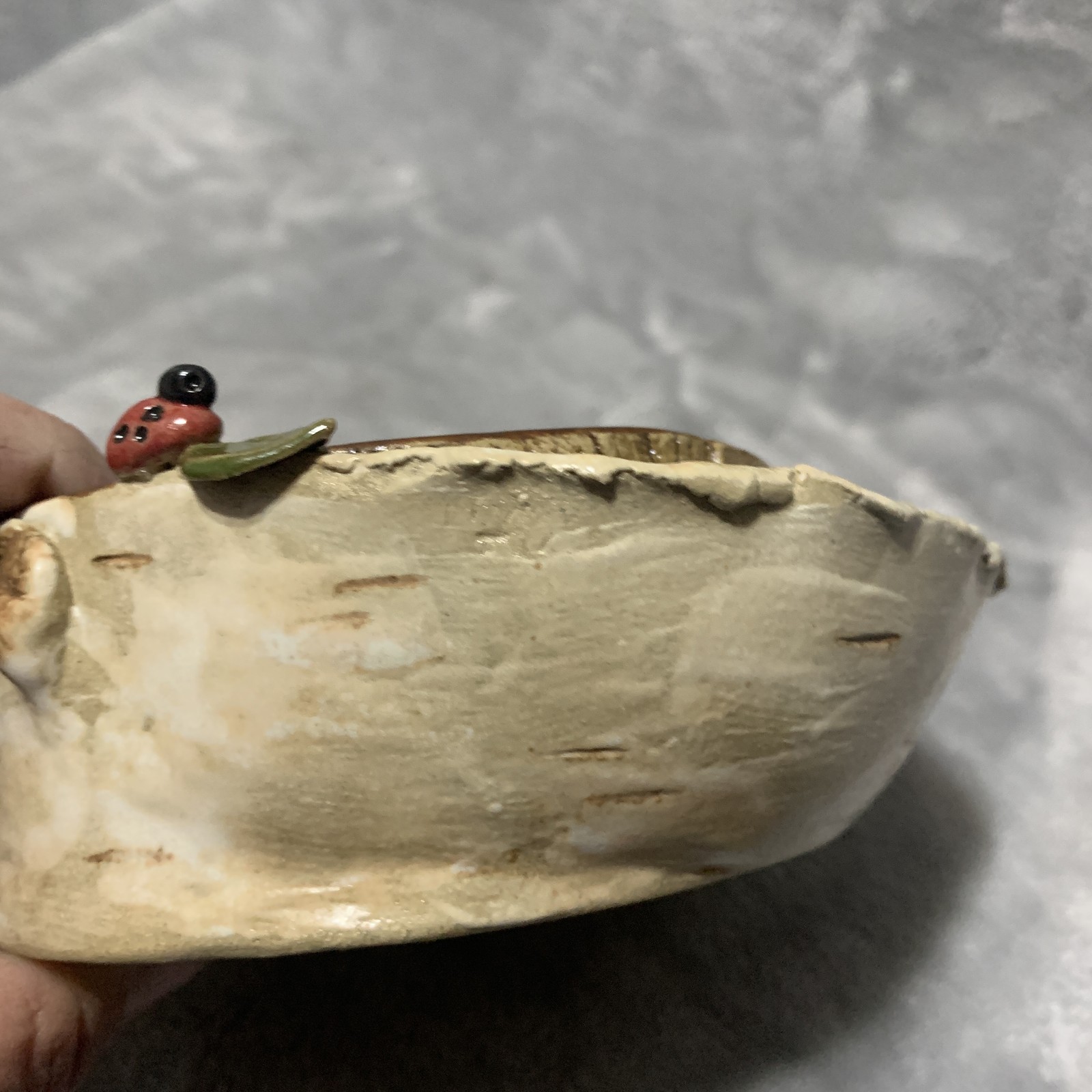 Unique Birch Bark Tree Stump Ceramic Vase Planter Mug Ladybug Handle Decorative