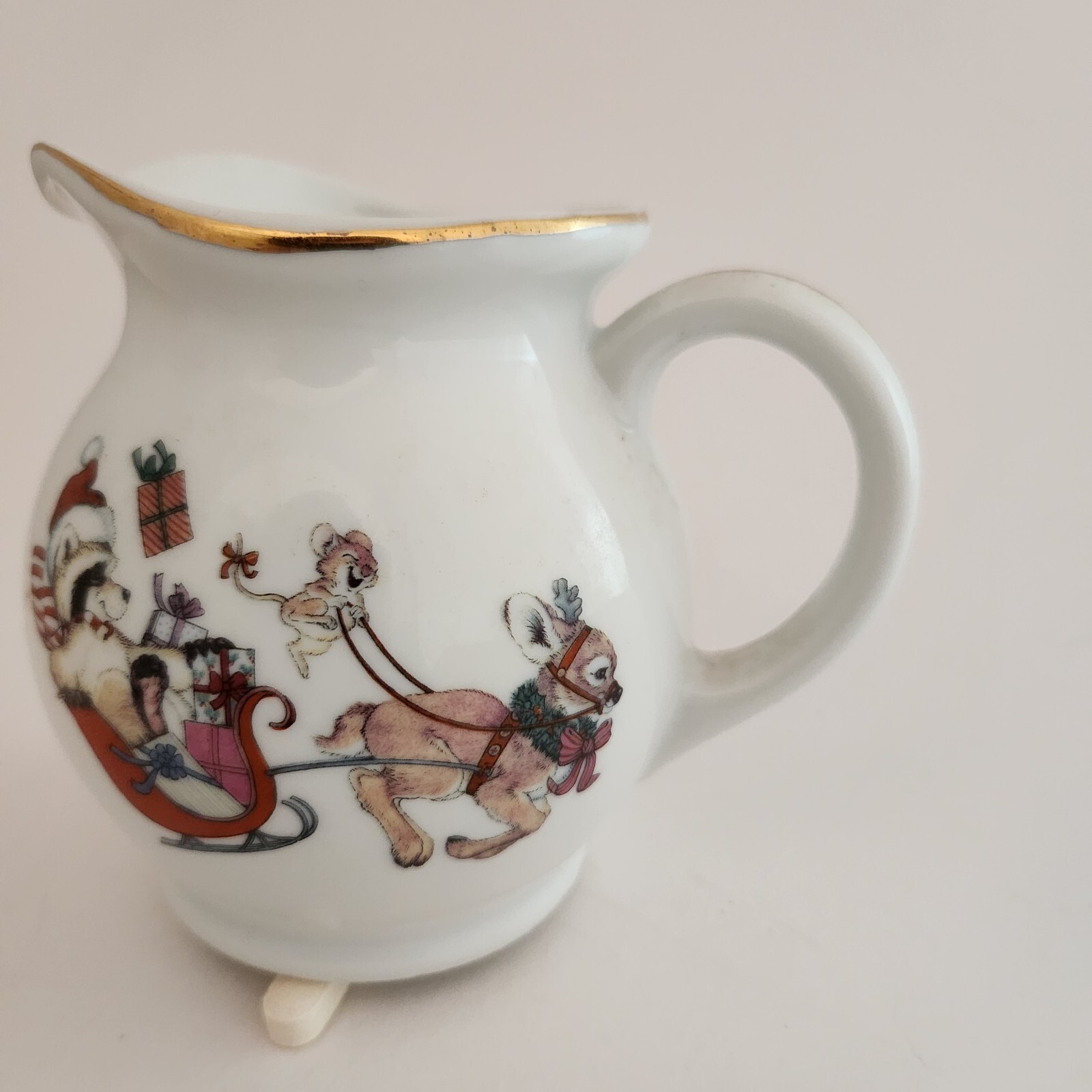 RACCOON Creamer Mini Pitcher Christmas SANTA MOUSE JAPAN Porcelain CollectionVtg