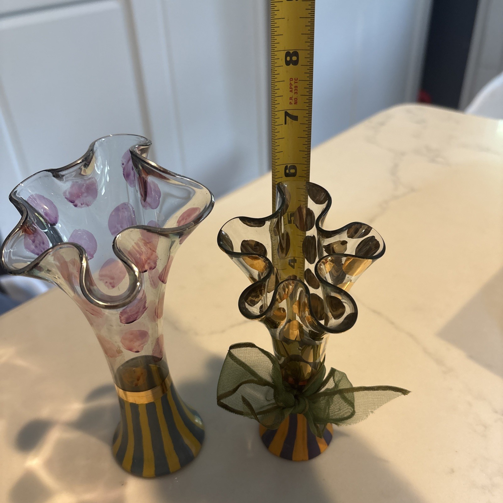 Vintage MacKenzie Childs “Circus Clown” Art Glass Bud Vases Pair