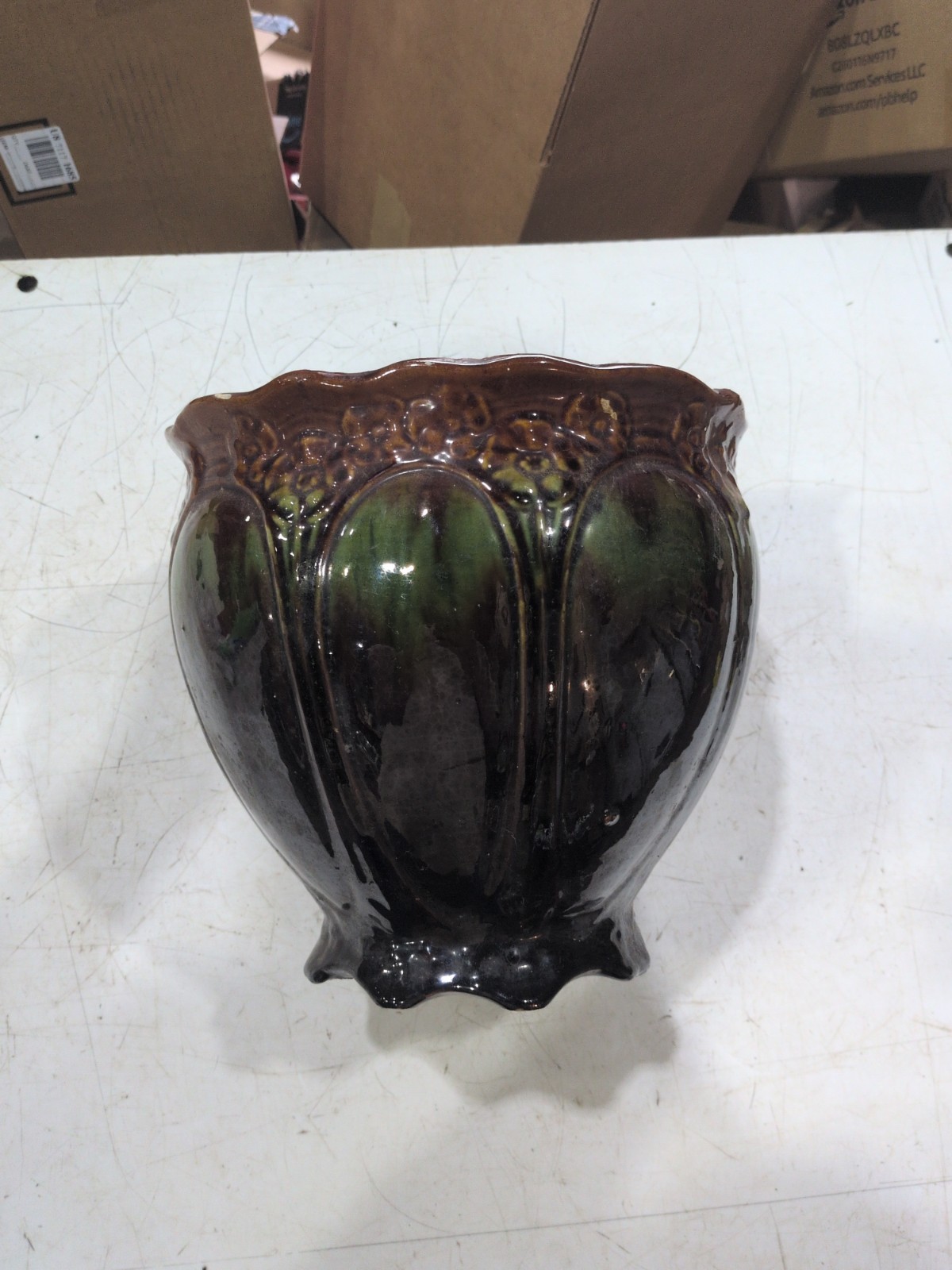 Planter Jardiniere Green Brown Vintage Maker Unknown AS IS Damaged