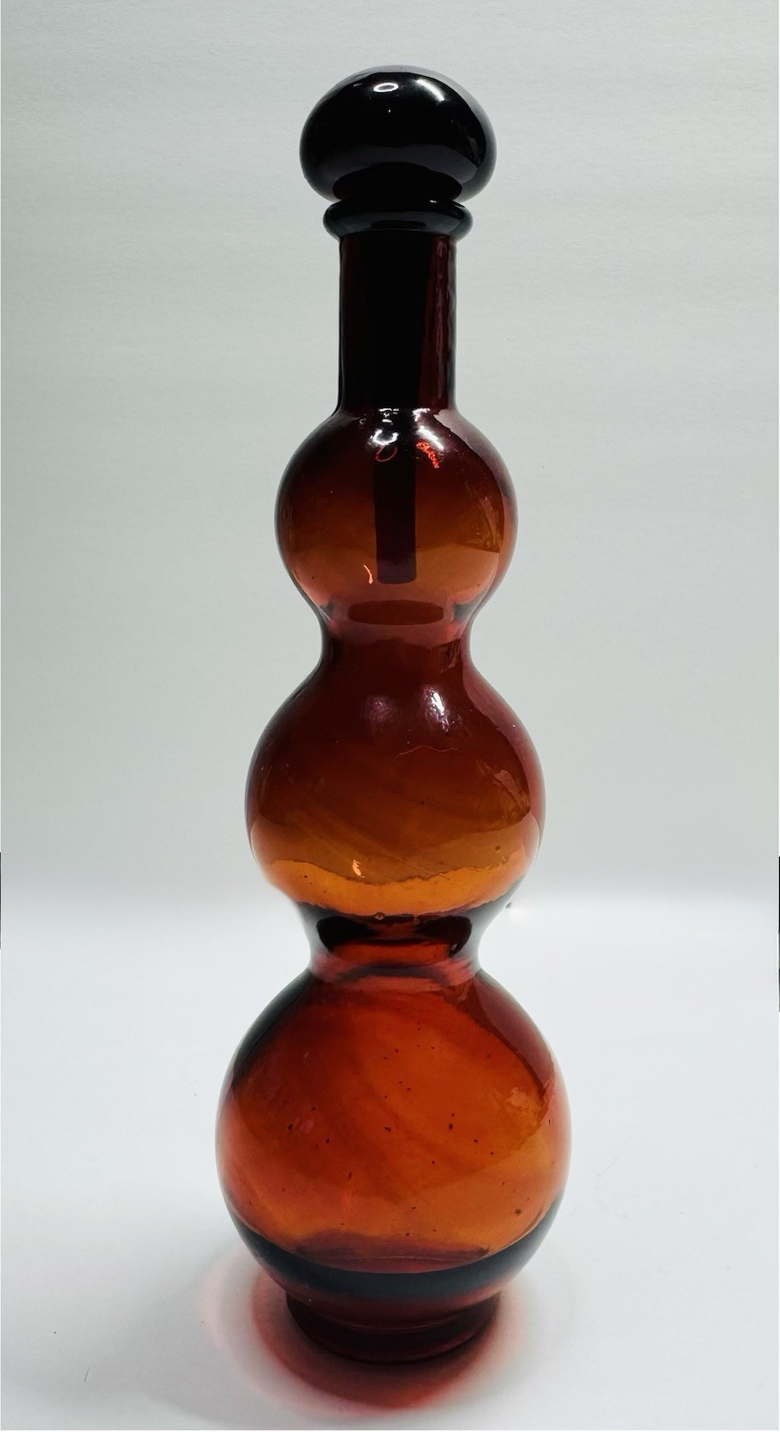 Vintage Glass Amber Bottle with Stopper 7-3/4” Tall, Triple Gourd Bubble Bottle