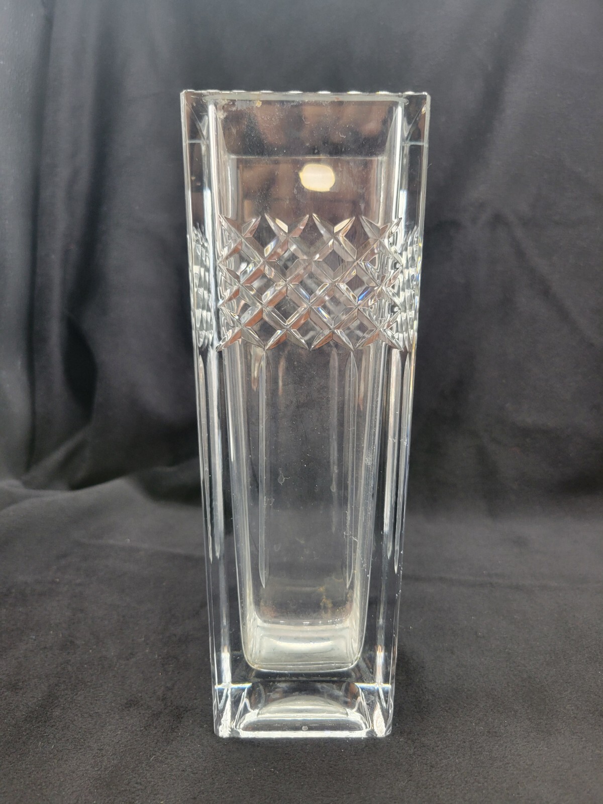 Bohemia Czech Republic Lead Crystal Diamond Pattern Vase, 10″ Tall, Foil Label